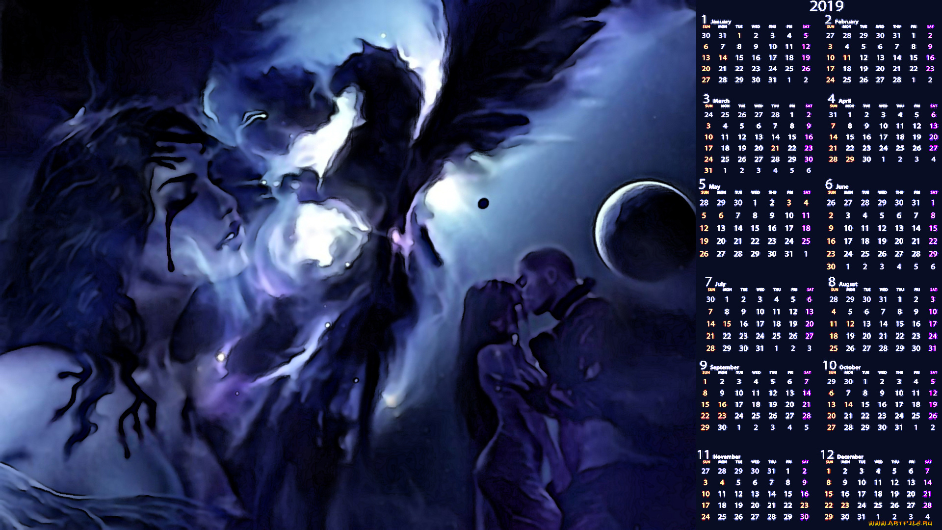 календари, фэнтези, ласка, поцелуй, планета, мужчина, девушка