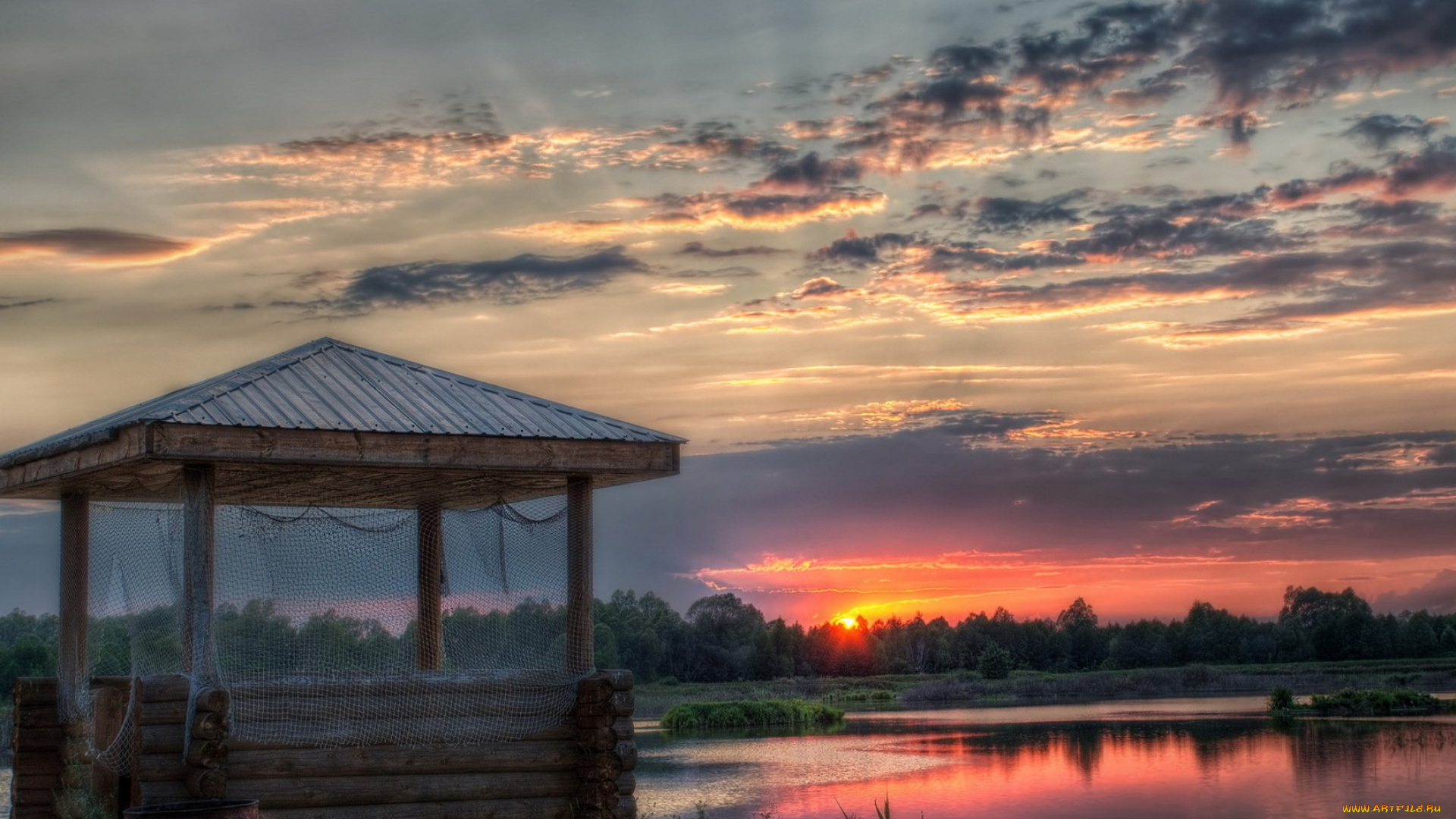 природа, восходы, закаты, беседка, закат, лес, облака, небо, сеть, река
