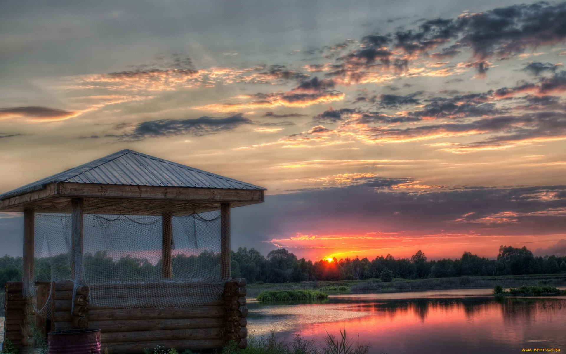 природа, восходы, закаты, беседка, закат, лес, облака, небо, сеть, река
