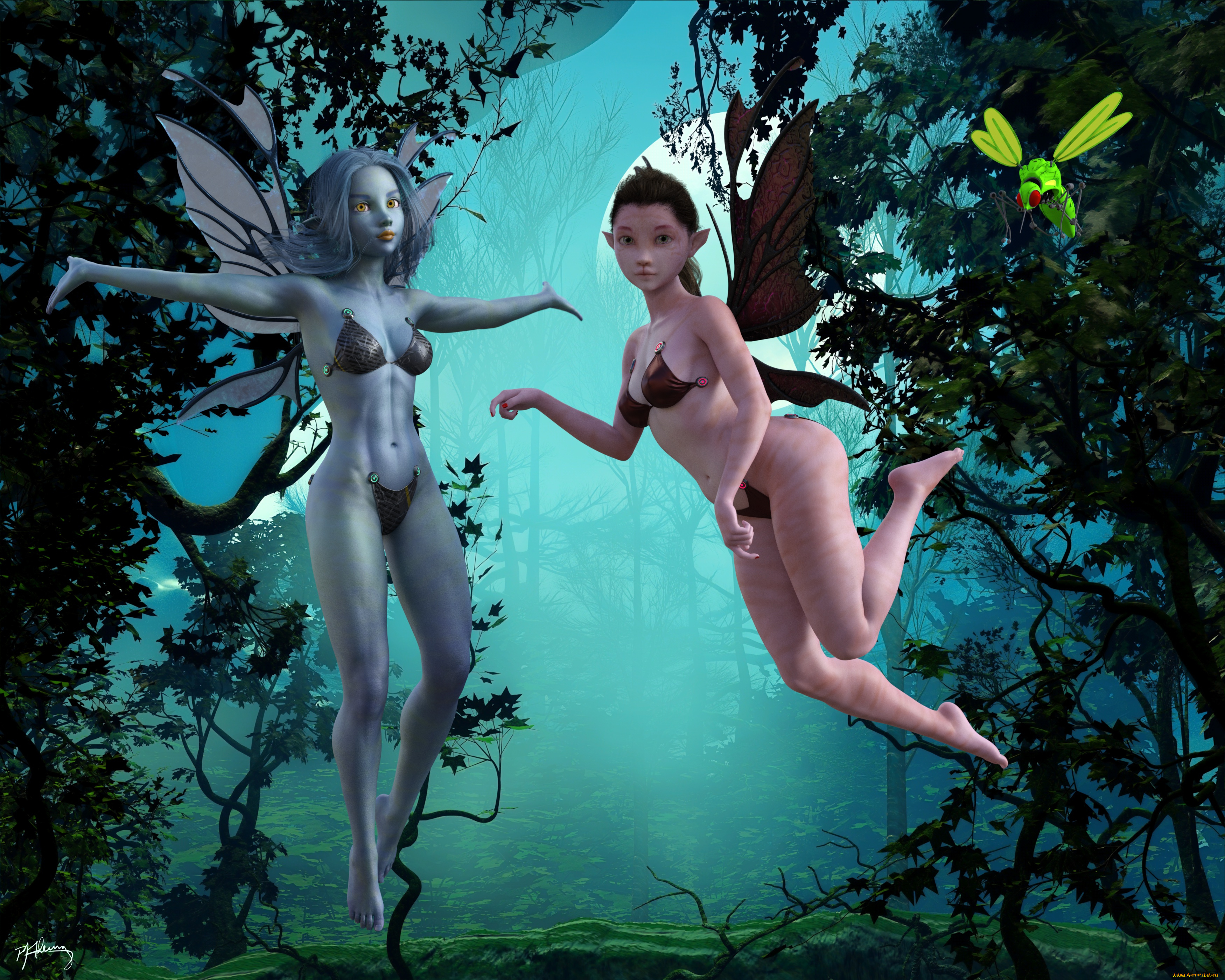 3д, графика, эльфы, , elves, эльфийки, взгляд, фон