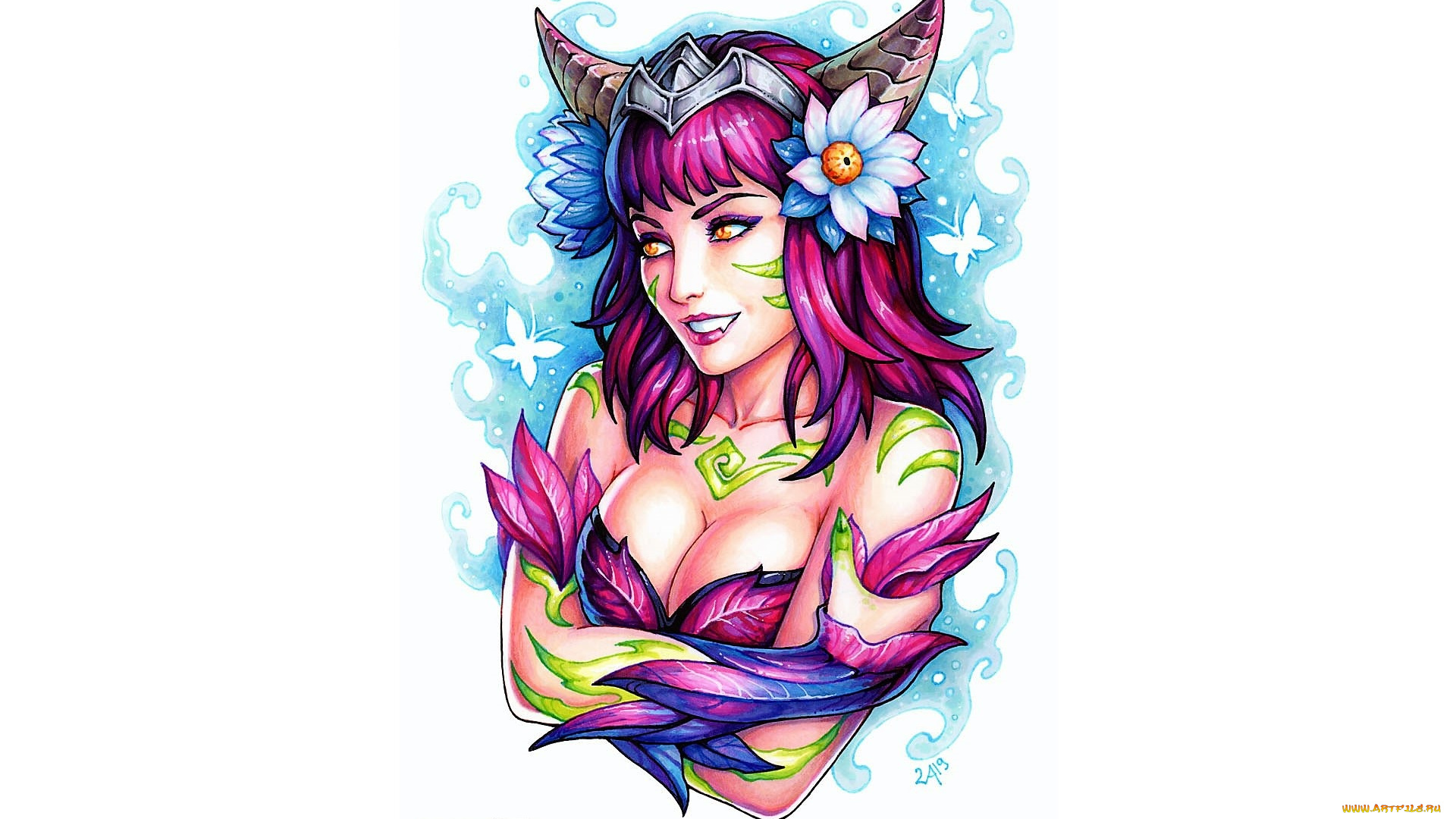 видео, игры, league, of, legends, лицо, цветы, рога, листья, ahri