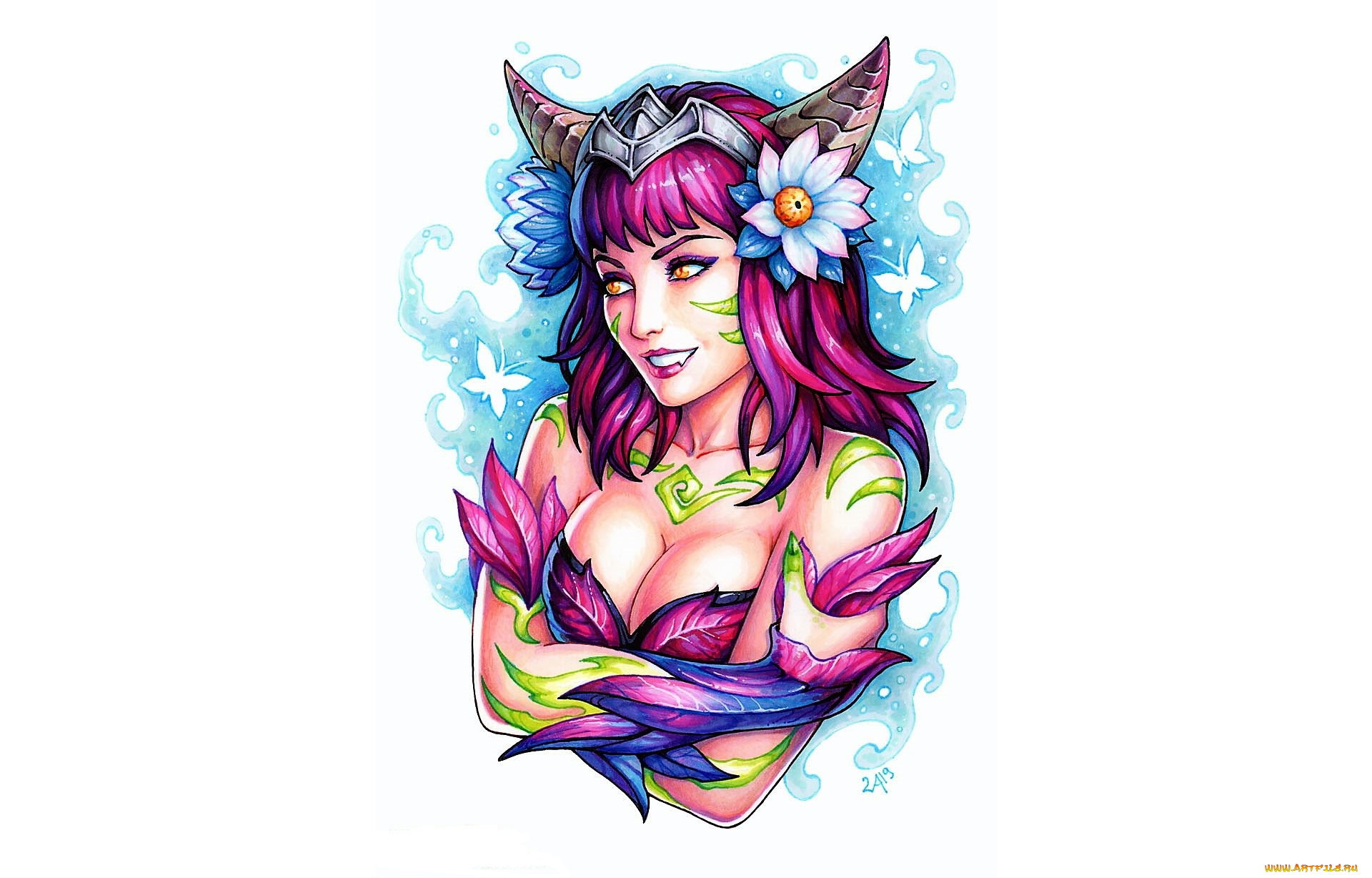 видео, игры, league, of, legends, лицо, цветы, рога, листья, ahri