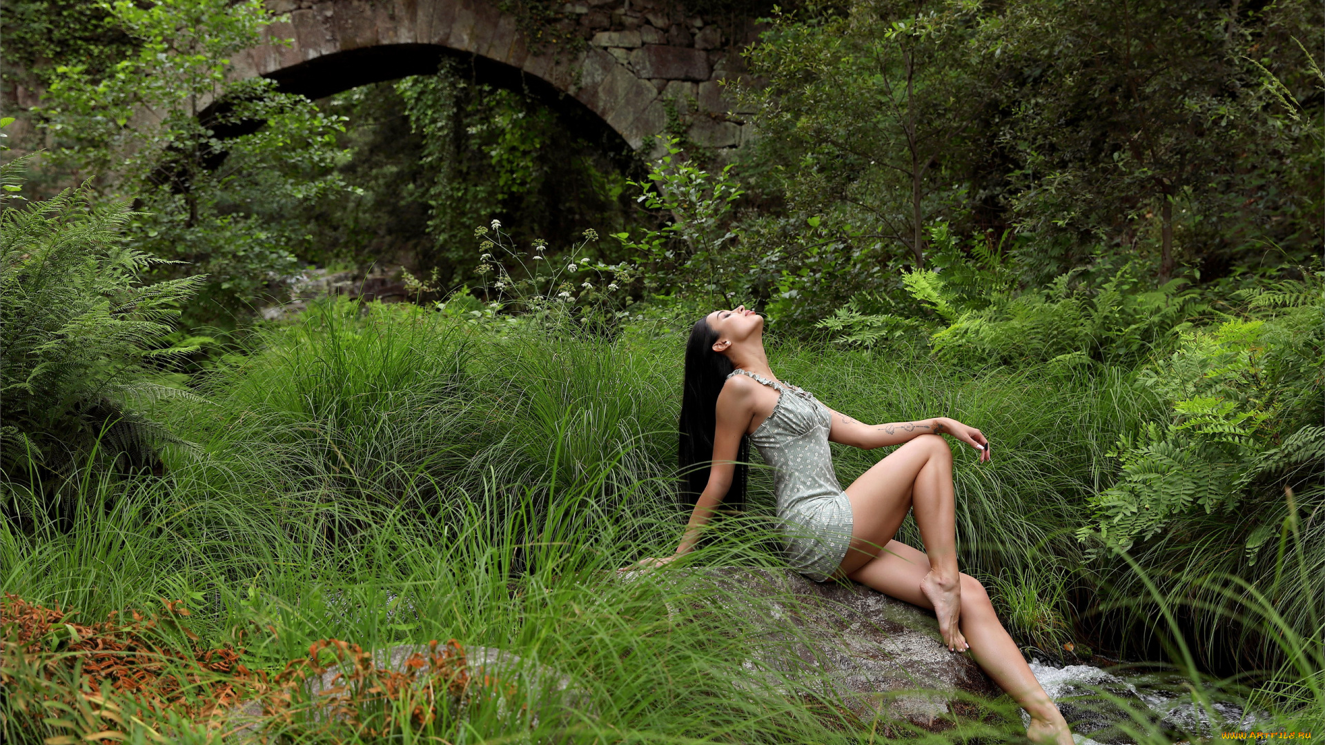 девушки, -, брюнетки, , шатенки, брюнетка, поза, камень, трава