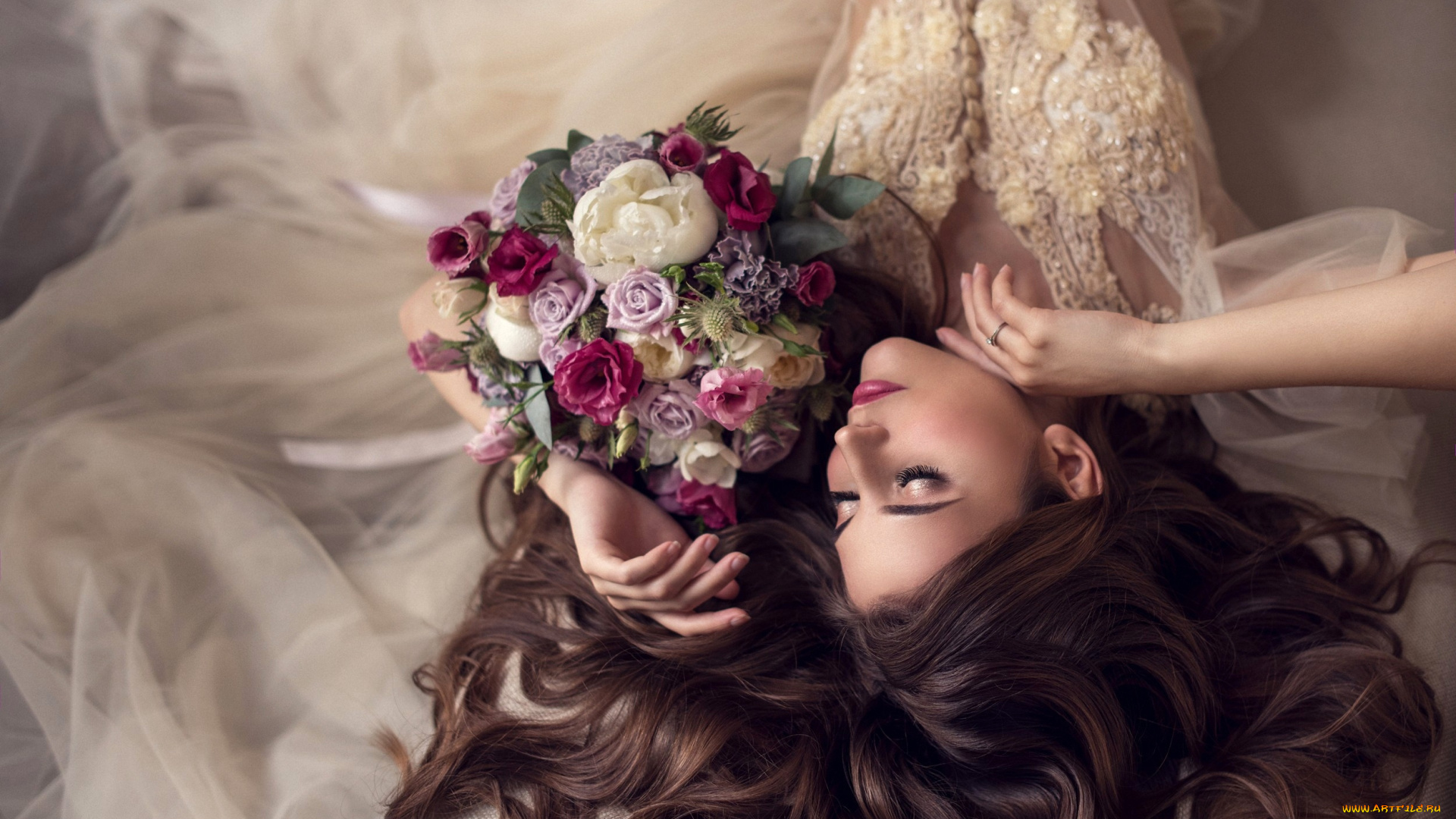 девушки, -, невесты, шатенка, невеста, поза, букет