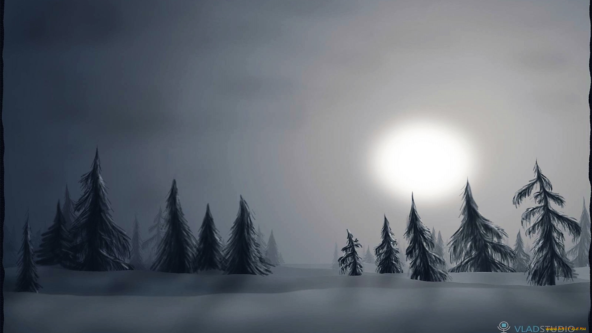 рисованное, vladstudio, ёлки, луна, снег