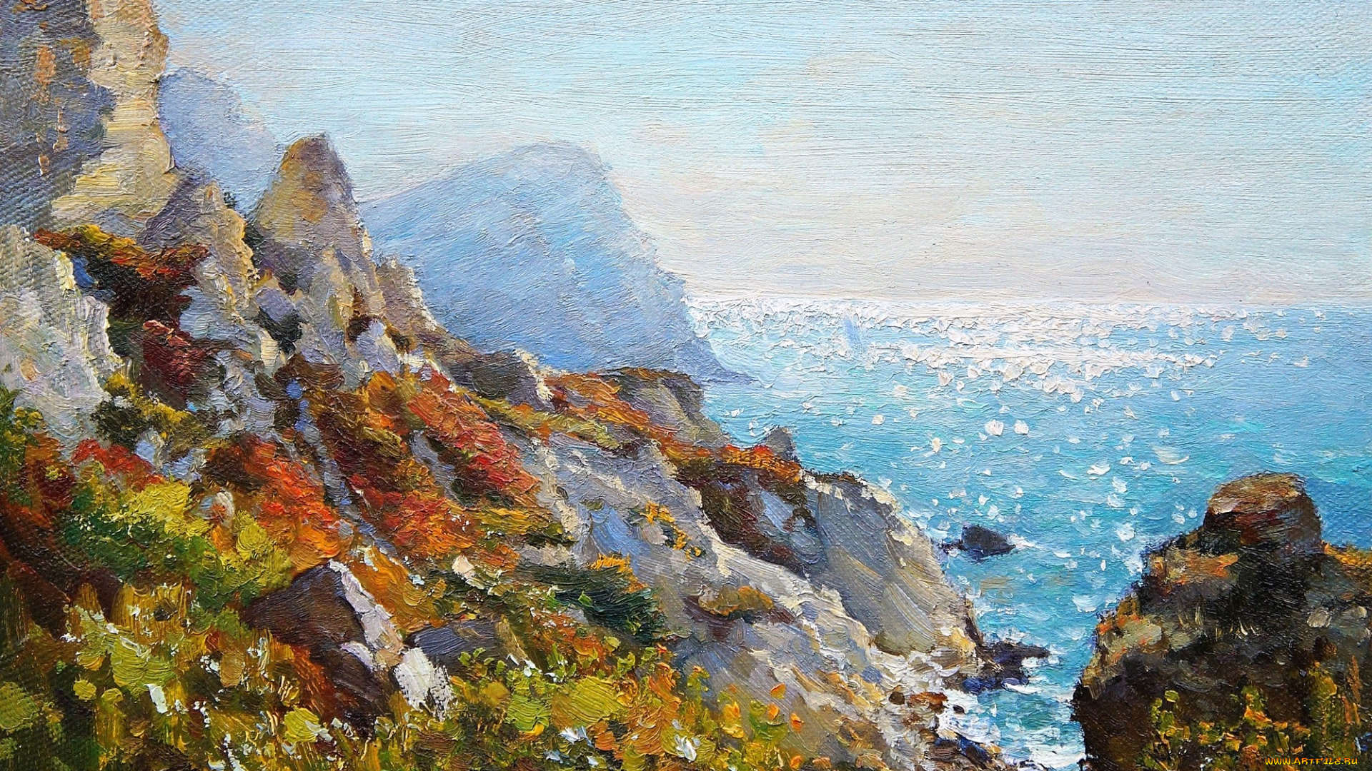 рисованное, живопись, горы, деревья, море