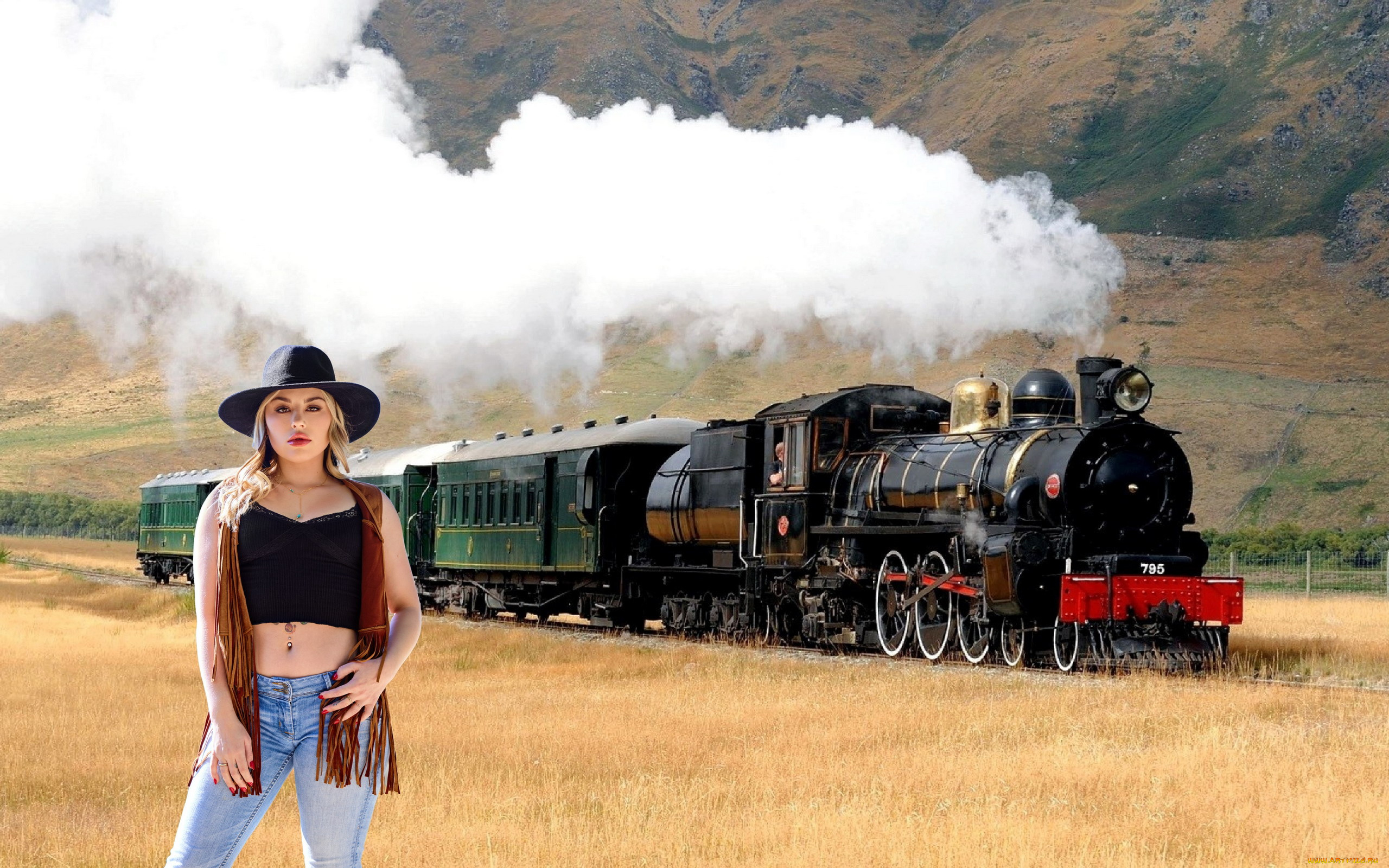 девушки, anna, claire, clouds, джинсы, топ, шляпа, паровоз