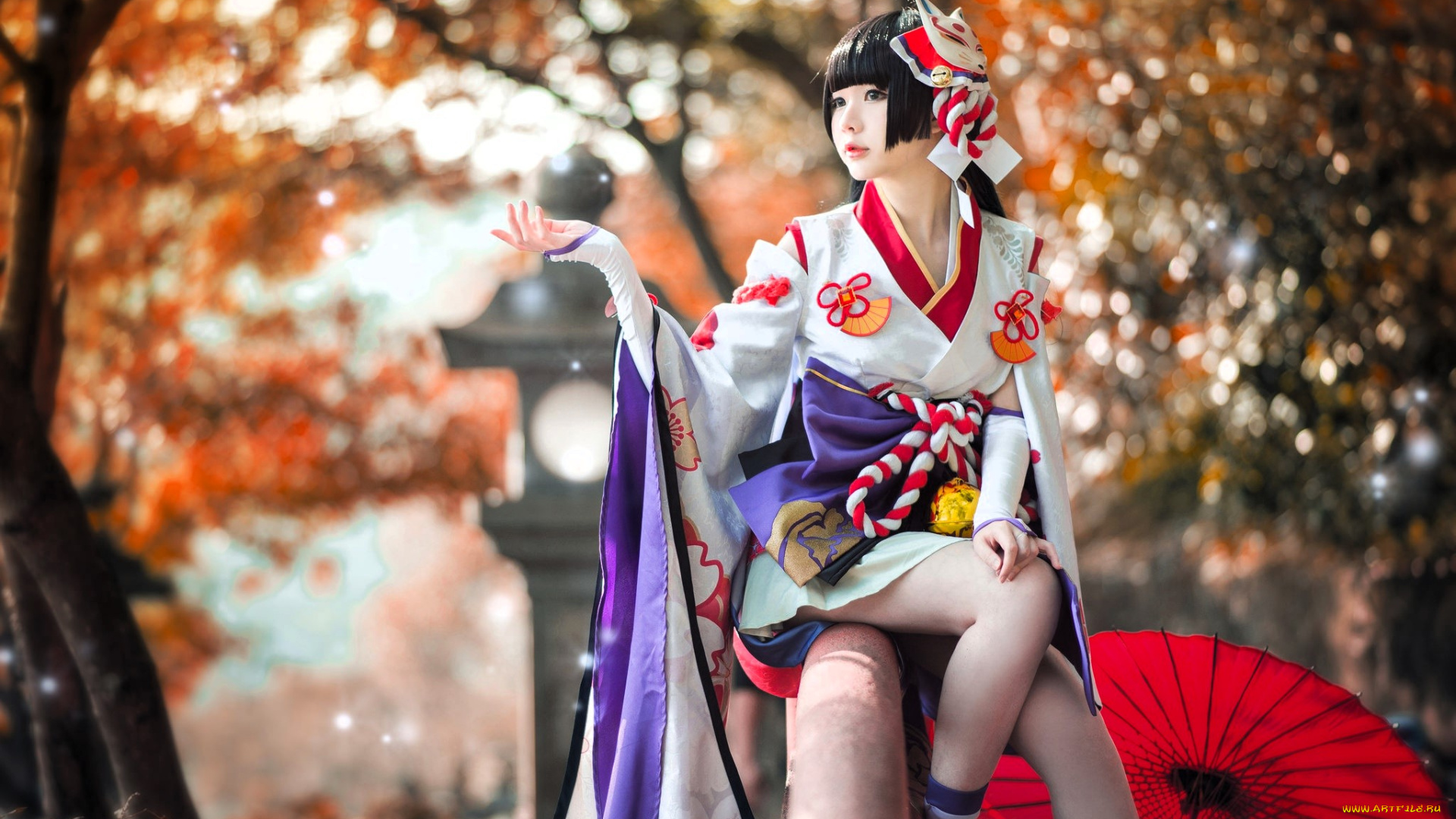 девушки, -, креатив, , косплей, азиатка, образ, костюм, наряд, перила, зонт, осень, деревья