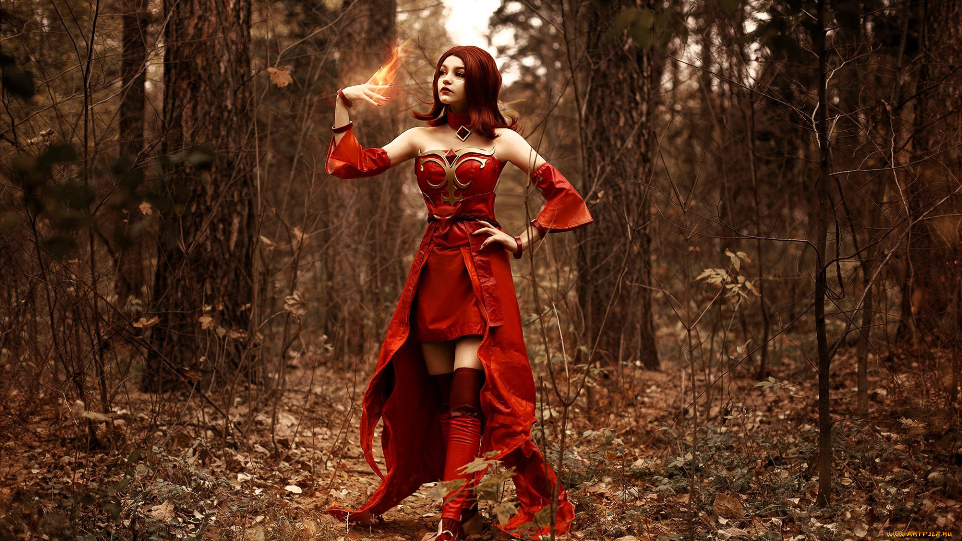 девушки, tenletters, образ, косплей, наряд, костюм, лес, осень, магия, деревья, листья