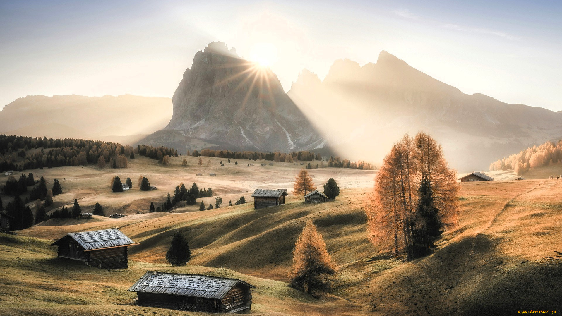 города, -, пейзажи, дома, лучи, солнце, горы, долина, деревья