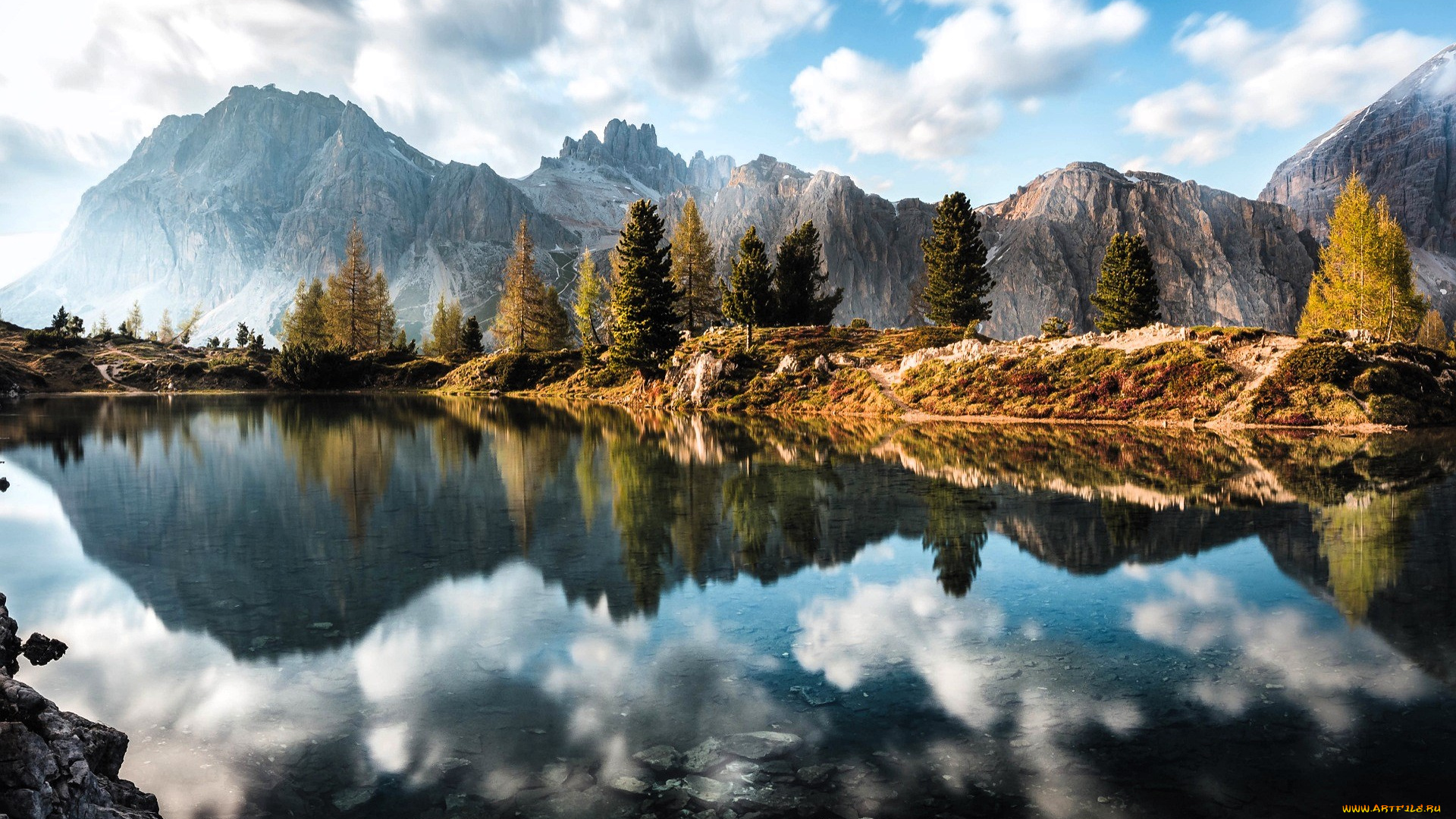 природа, реки, озера, горы, облака, деревья, осень, озеро, отражение