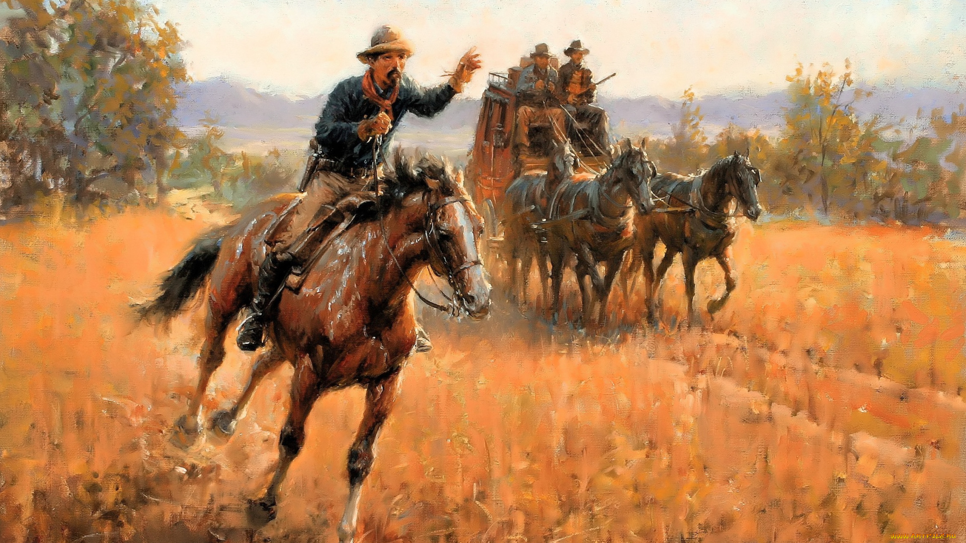 рисованное, andy, thomas, всадник, дилижанс, прерии