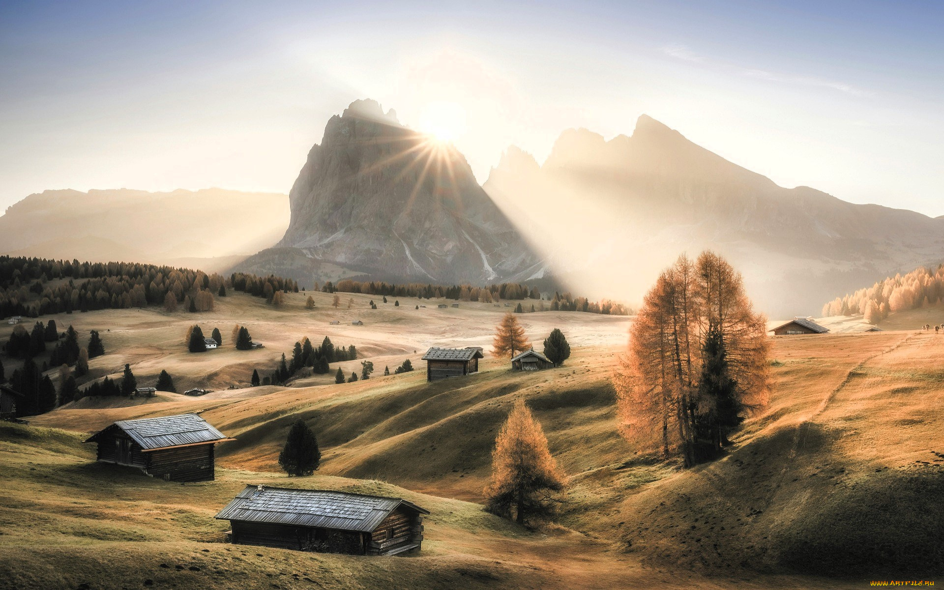 города, -, пейзажи, дома, лучи, солнце, горы, долина, деревья