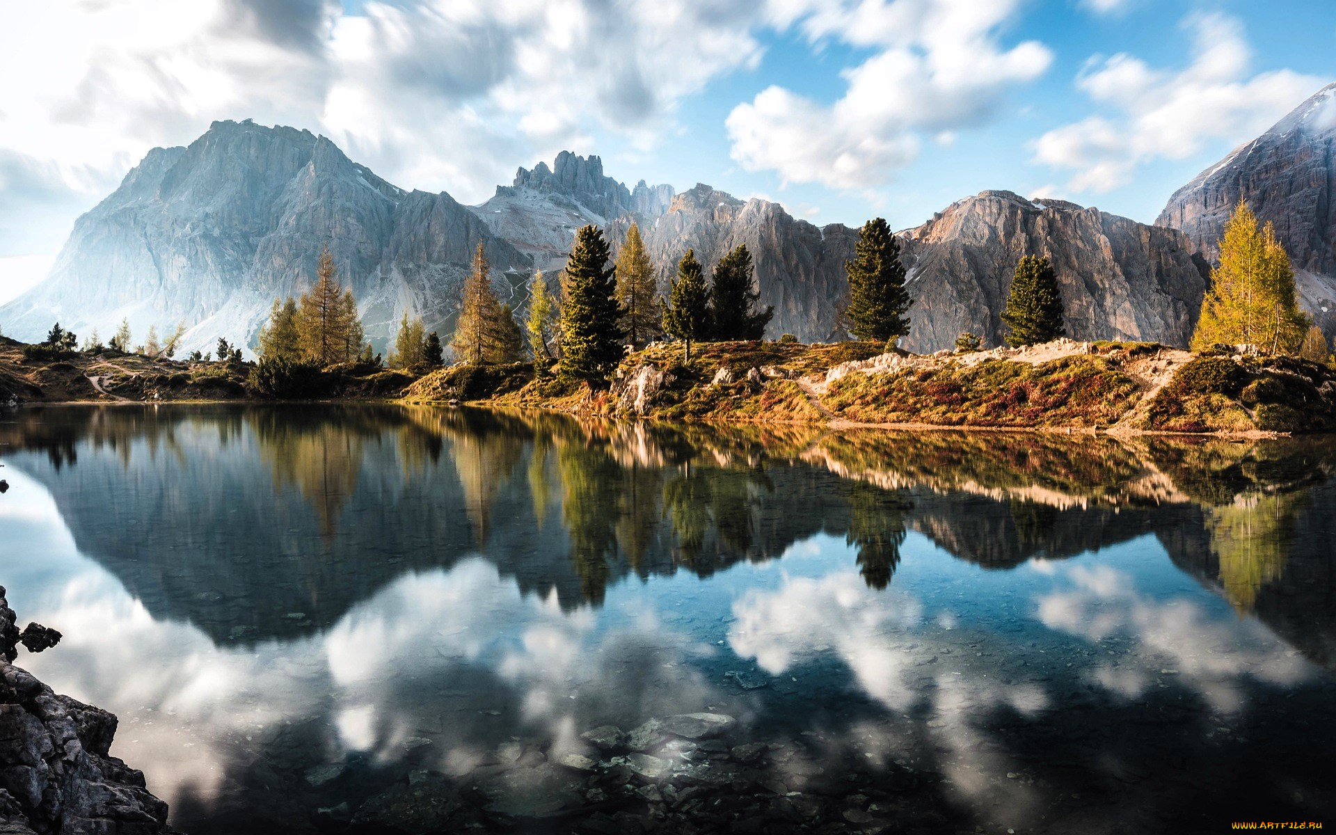 природа, реки, озера, горы, облака, деревья, осень, озеро, отражение