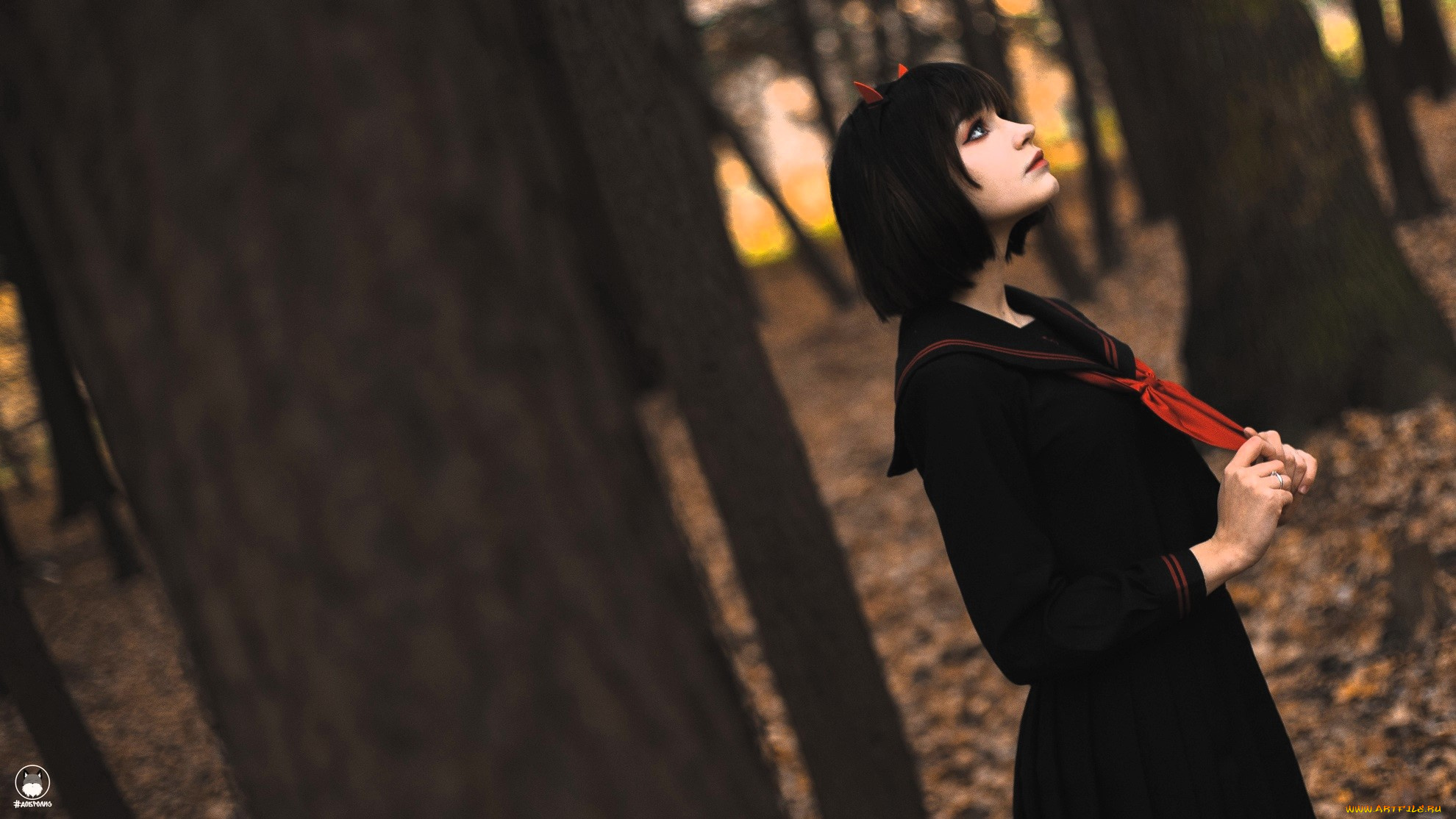 девушки, tenletters, образ, косплей, наряд, брюнетка, платье, листья, осень, лес, кусты