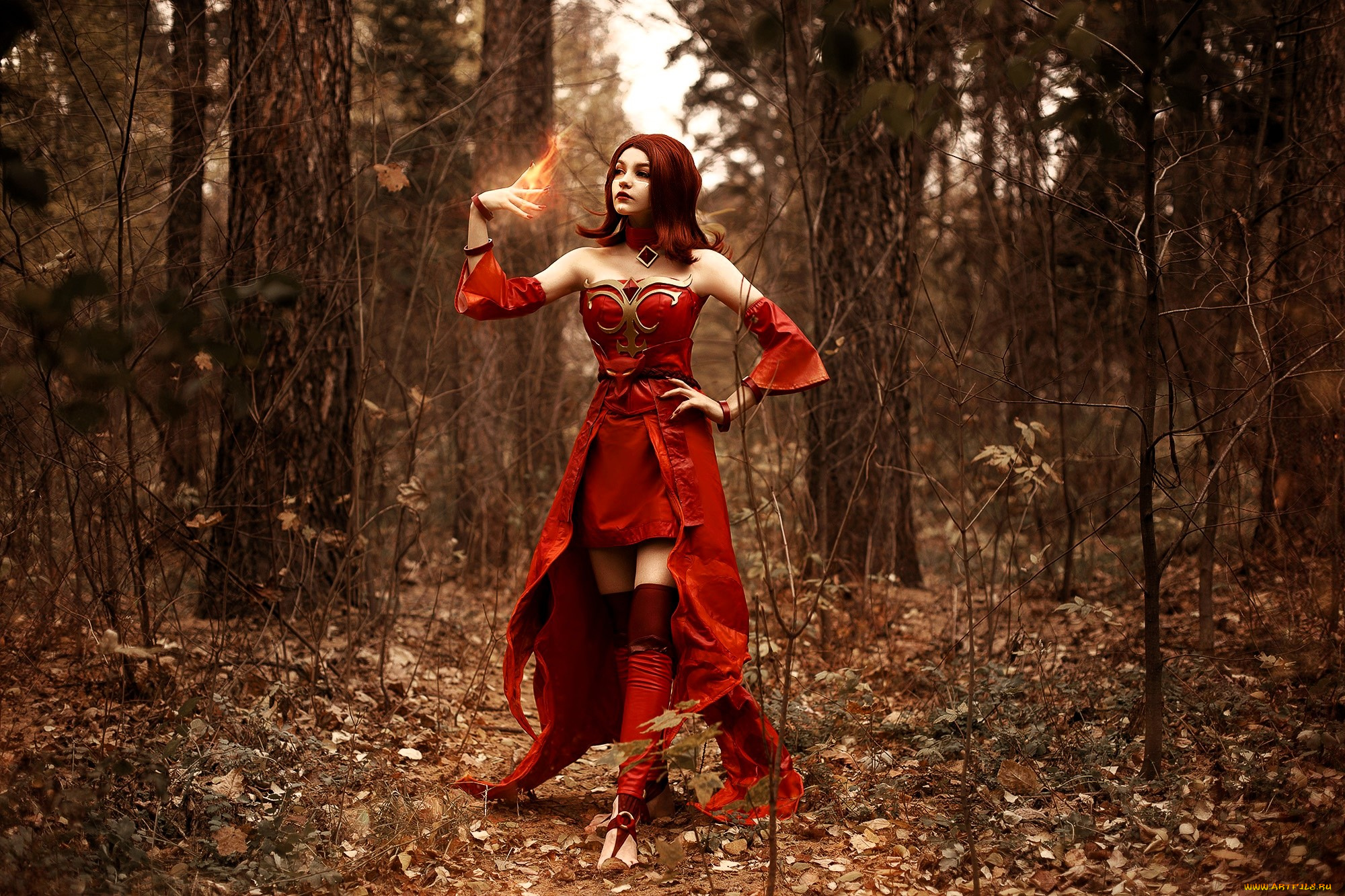 девушки, tenletters, образ, косплей, наряд, костюм, лес, осень, магия, деревья, листья