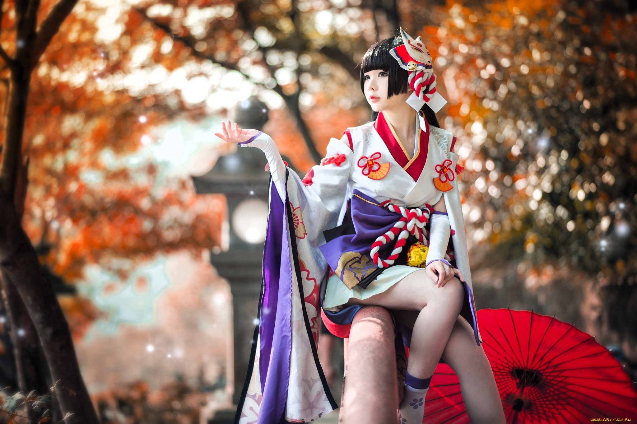 девушки, -, креатив, , косплей, азиатка, образ, костюм, наряд, перила, зонт, осень, деревья