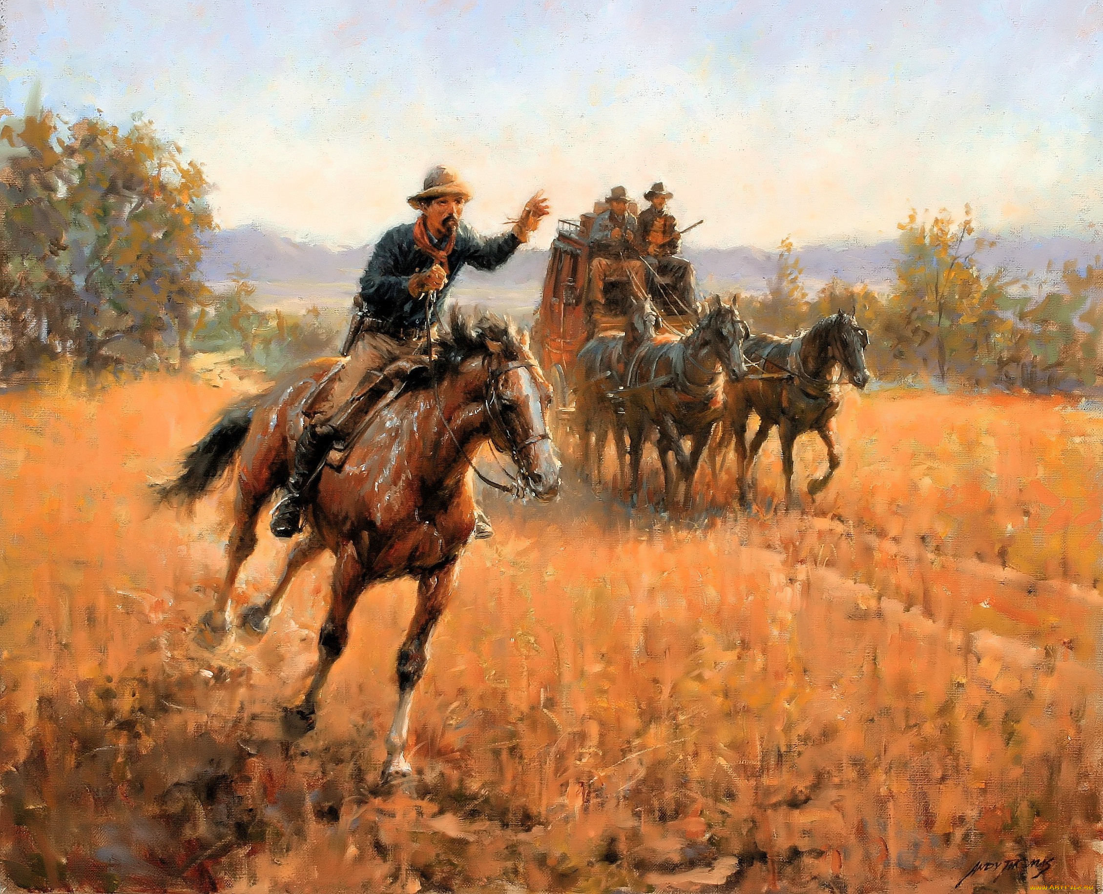 рисованное, andy, thomas, всадник, дилижанс, прерии