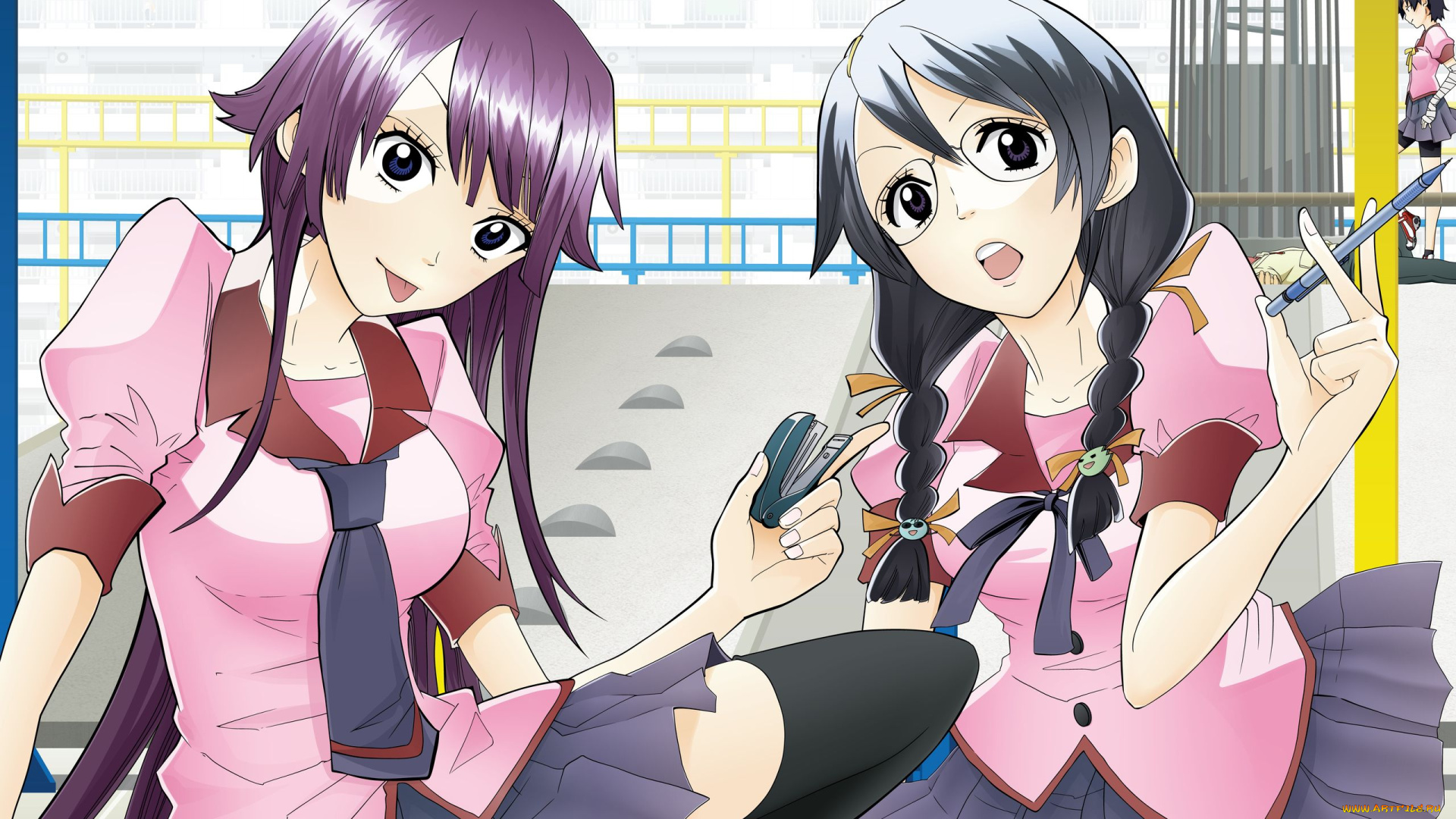 аниме, bakemonogatari, hanekawa, tsubasa, очки, девушка, форма, карандаш, senjougahara, hitagi, степлер, kanbaru, suruga