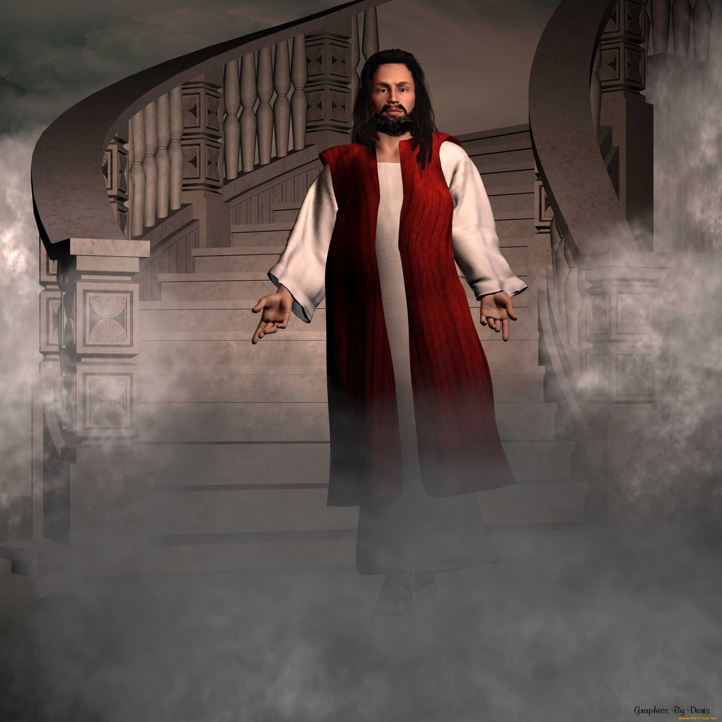 3д, графика, people, люди, лесница, дымка