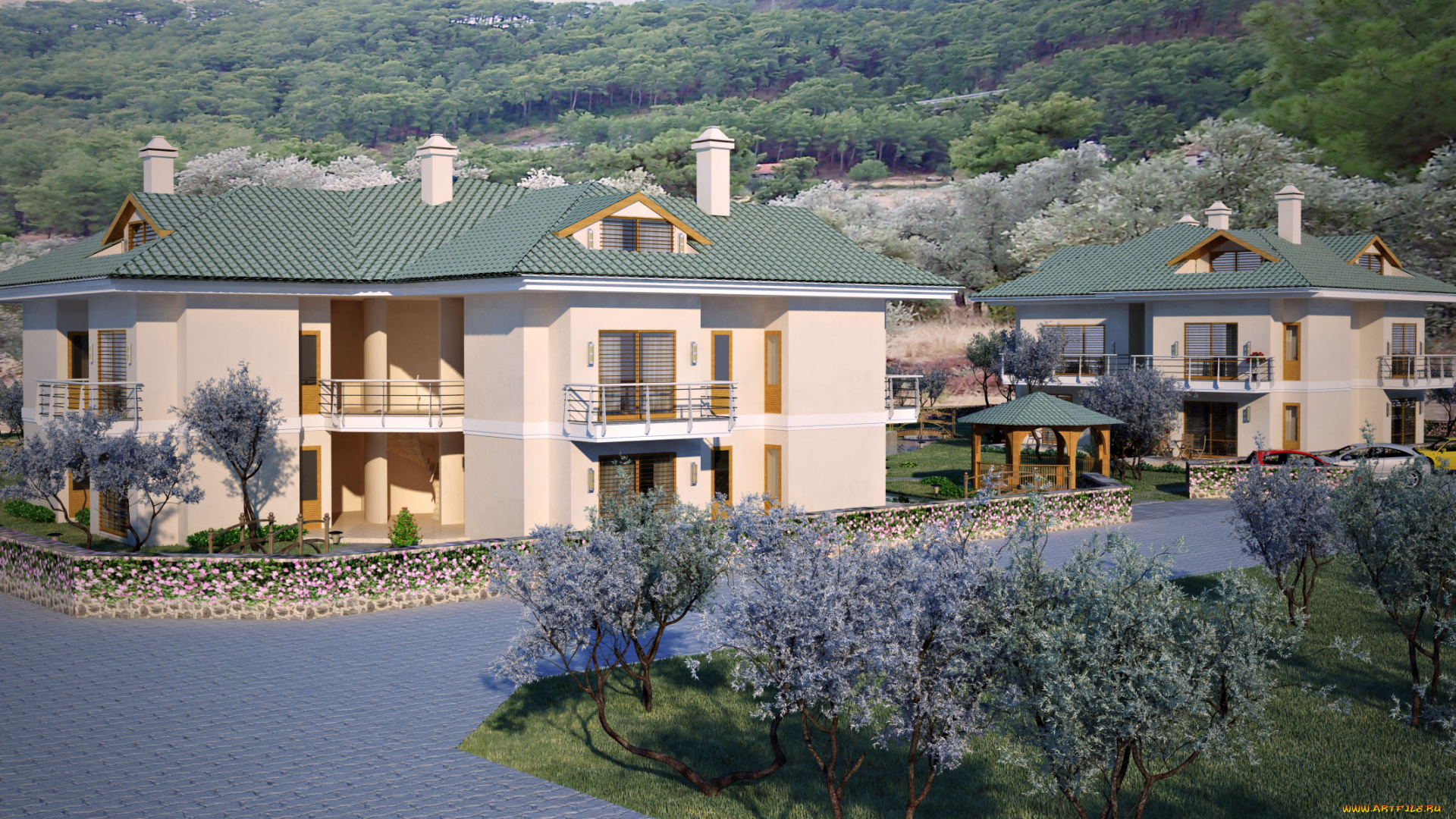 3д, графика, architecture, архитектура, деревья, дома, улица