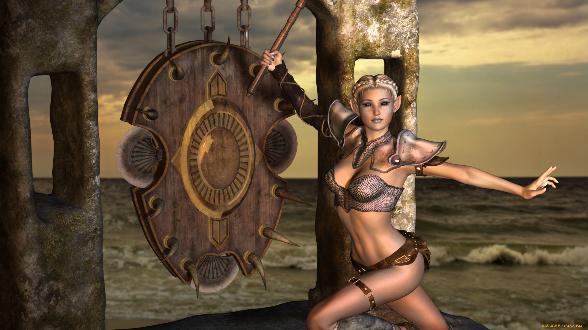 3д, графика, fantasy, фантазия, девушка, взгляд, эльфийка, гонг, сякира