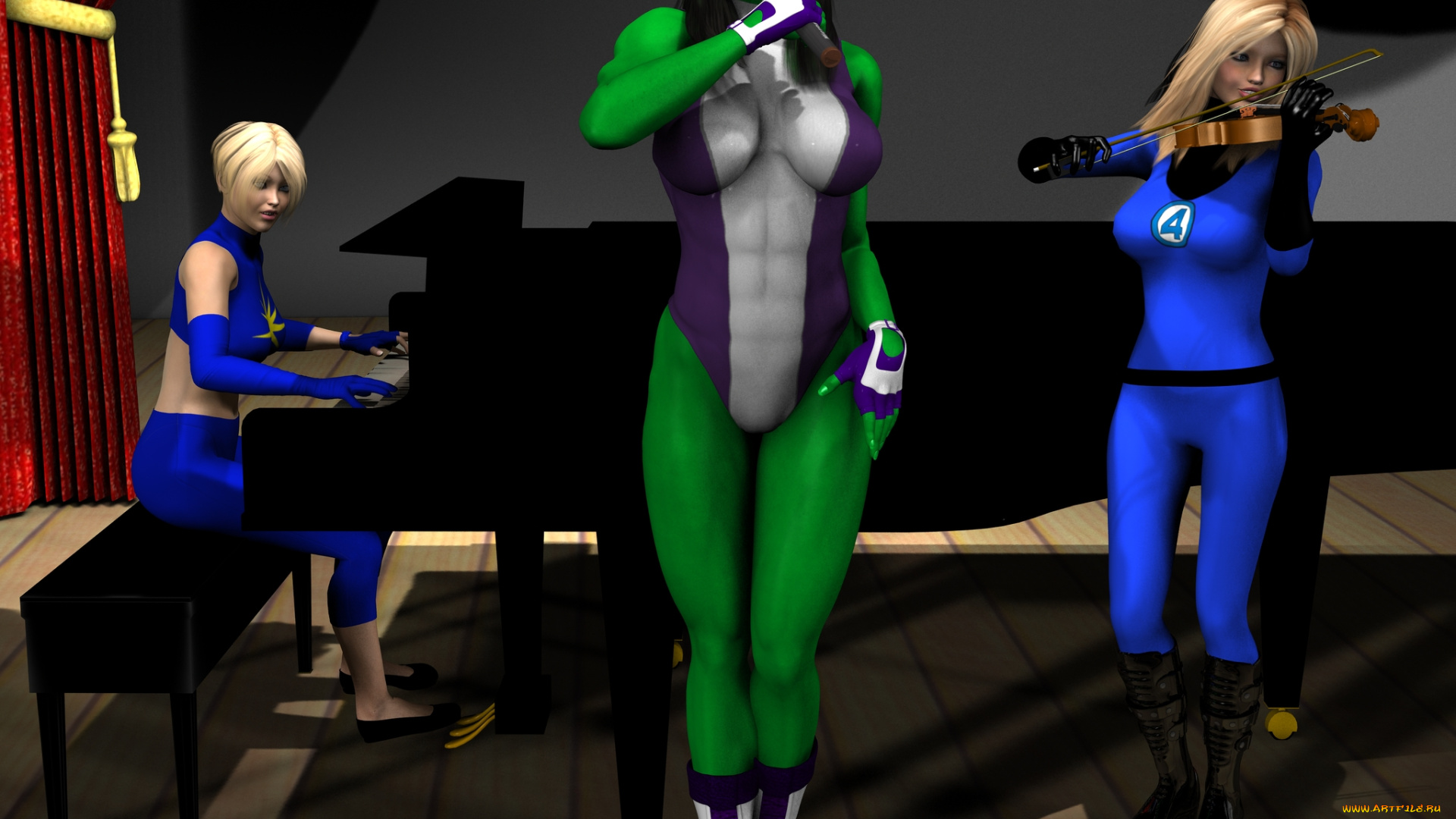 3д, графика, fantasy, фантазия, скрипка, пианино, существо, девушки