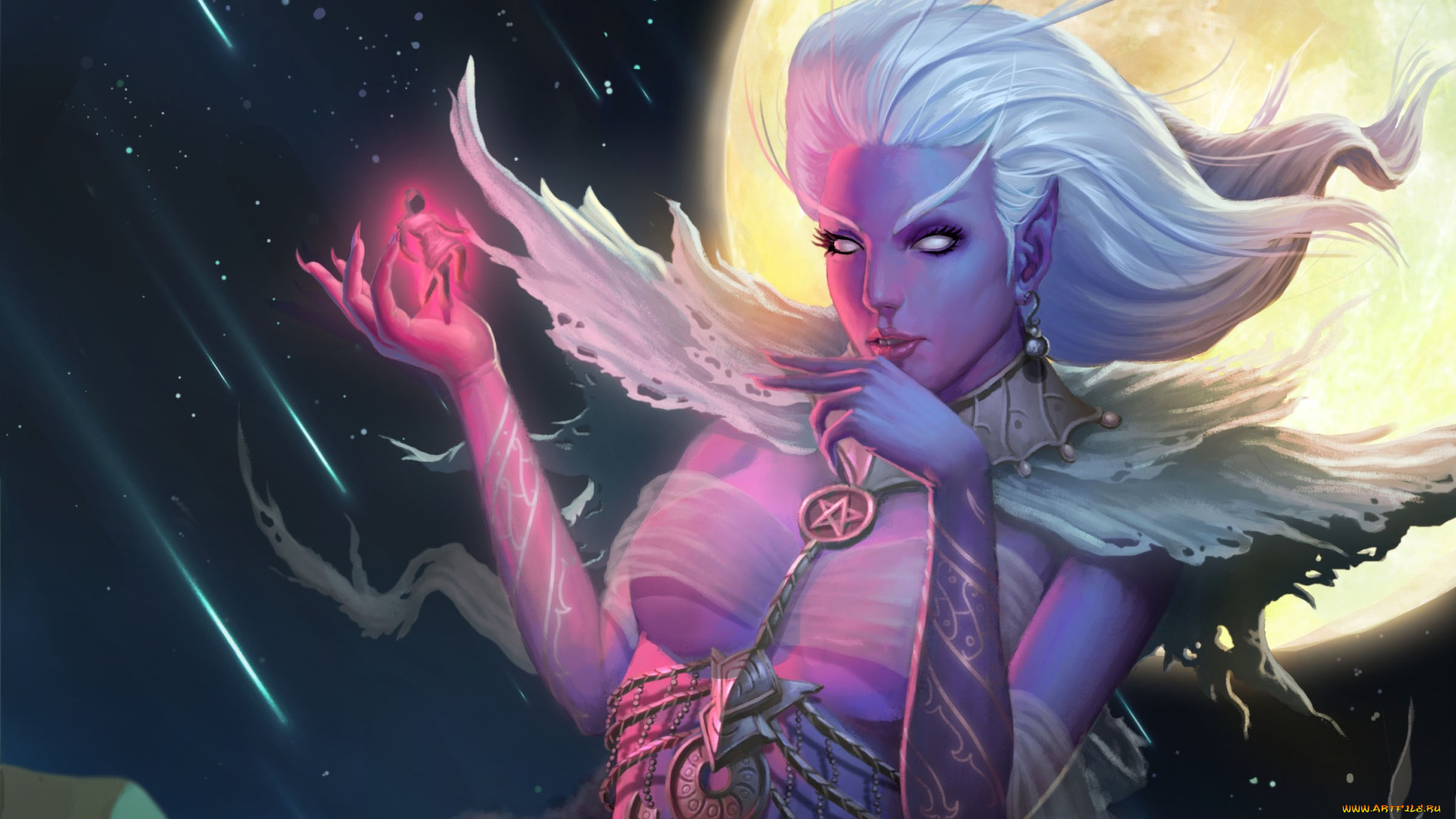 фэнтези, эльфы, девушка, эльфийка, луна, ночь, метеоритный, дождь