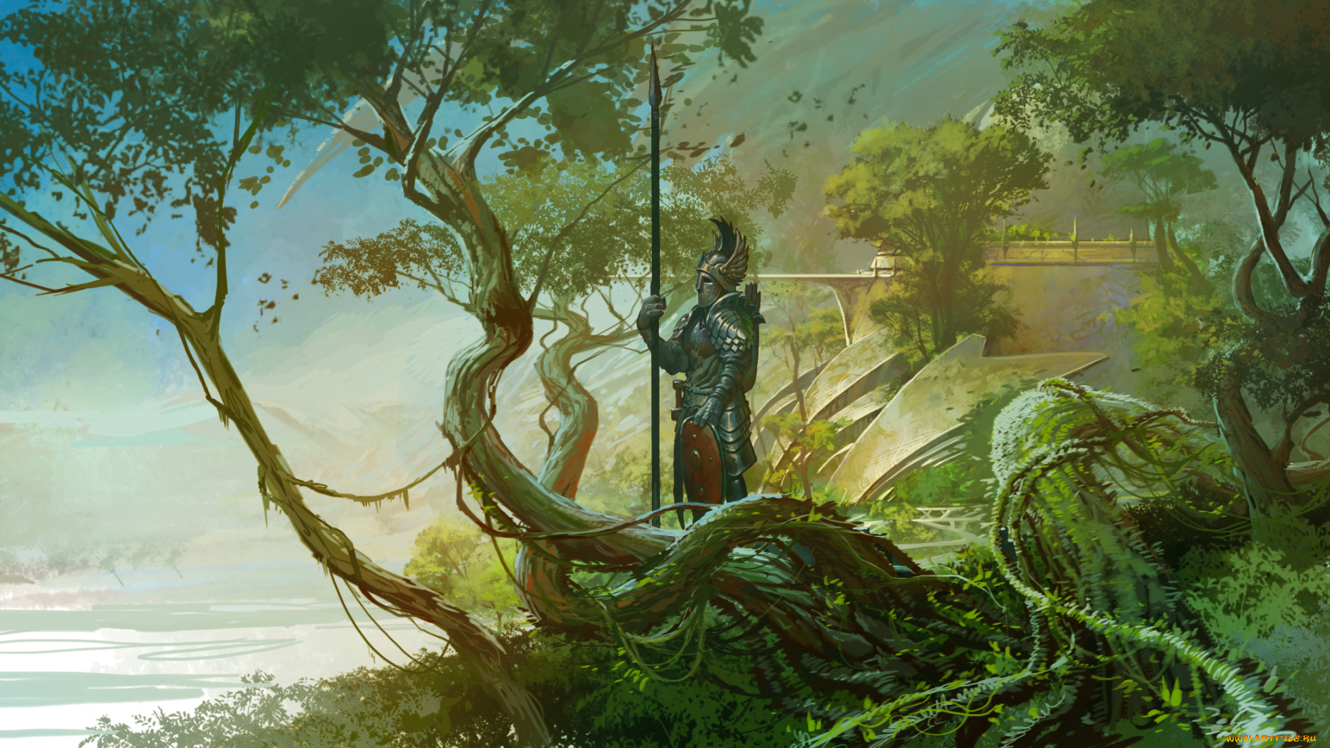 фэнтези, люди, деревья, воин