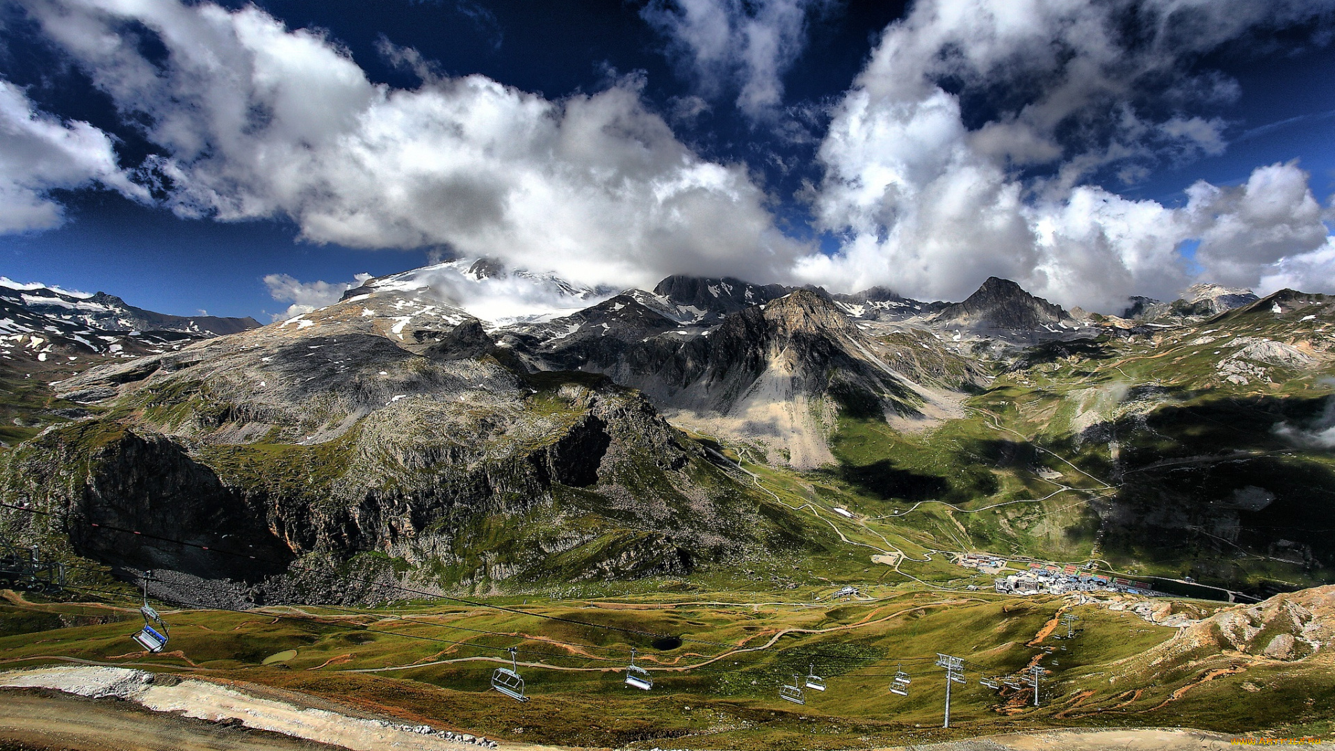 природа, горы, долина, панорама, канатная, дорога, облака