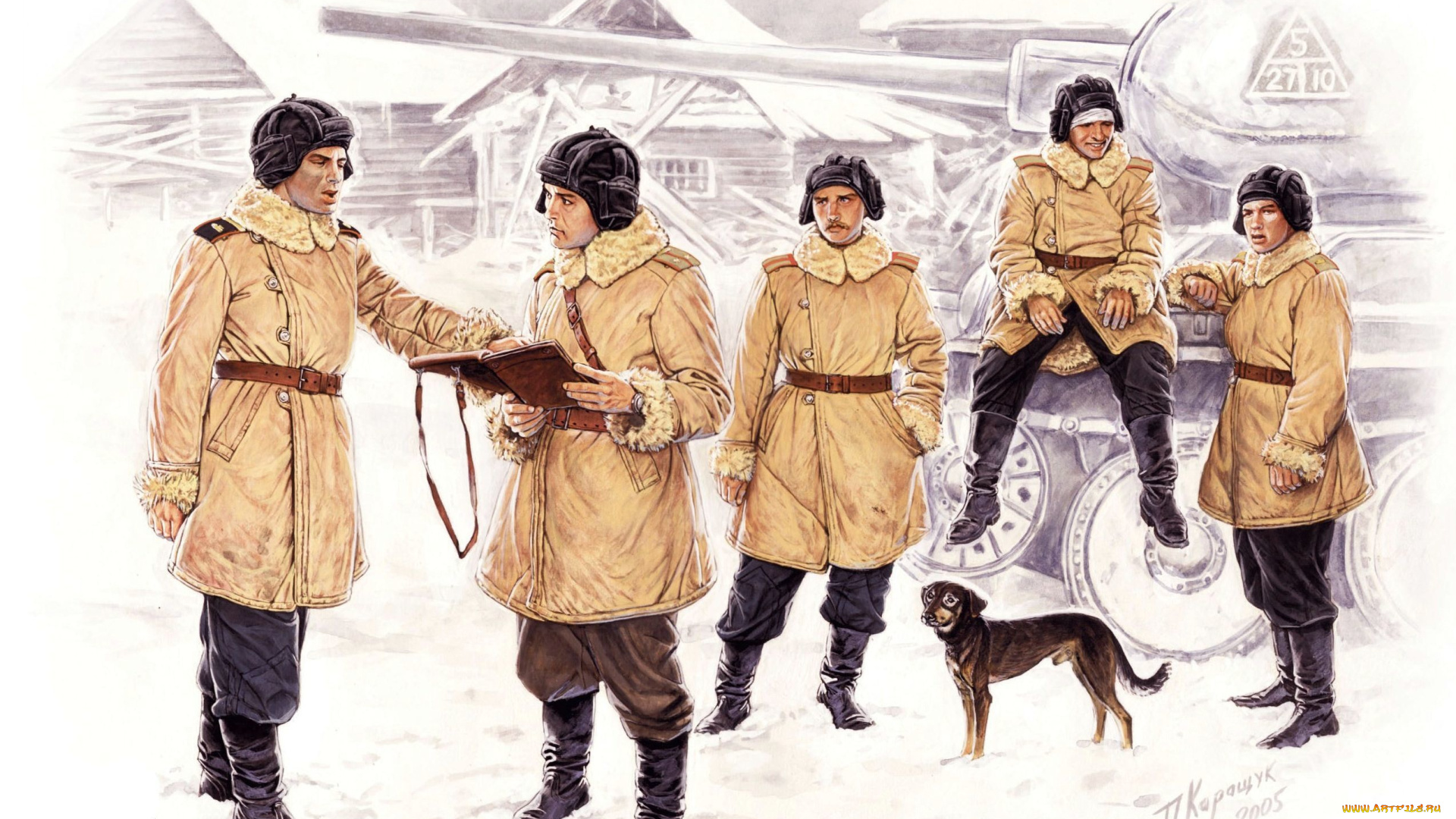 рисованные, армия, танкисты, экипаж, т-34-85, советский, средний, танк, собака, вов, рисунок, а, , каращук