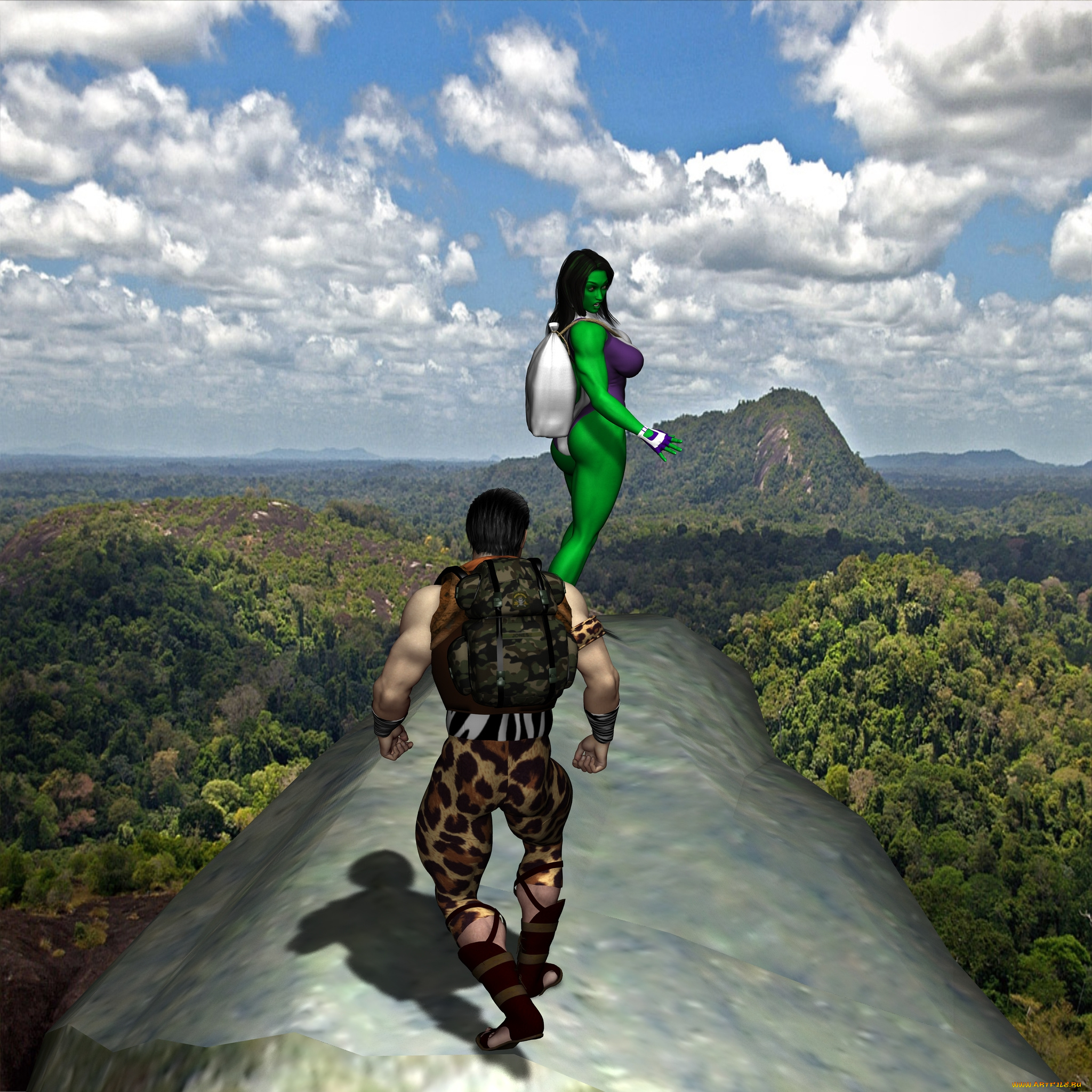 3д, графика, fantasy, фантазия, облака, парень, скала, лес