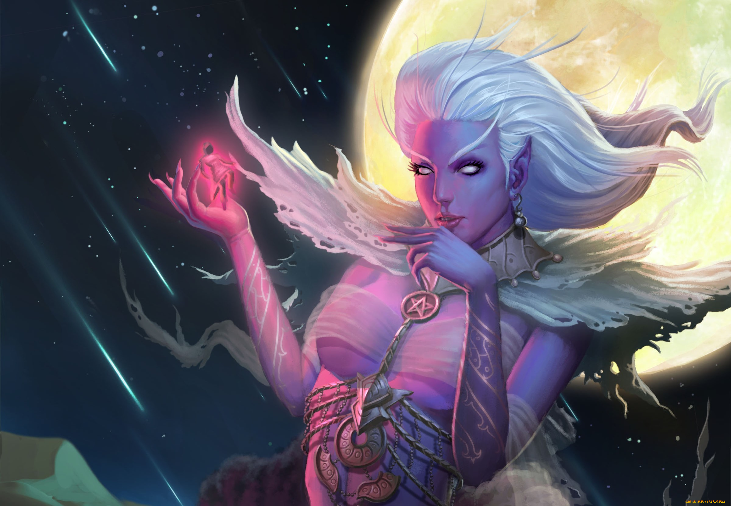 фэнтези, эльфы, девушка, эльфийка, луна, ночь, метеоритный, дождь