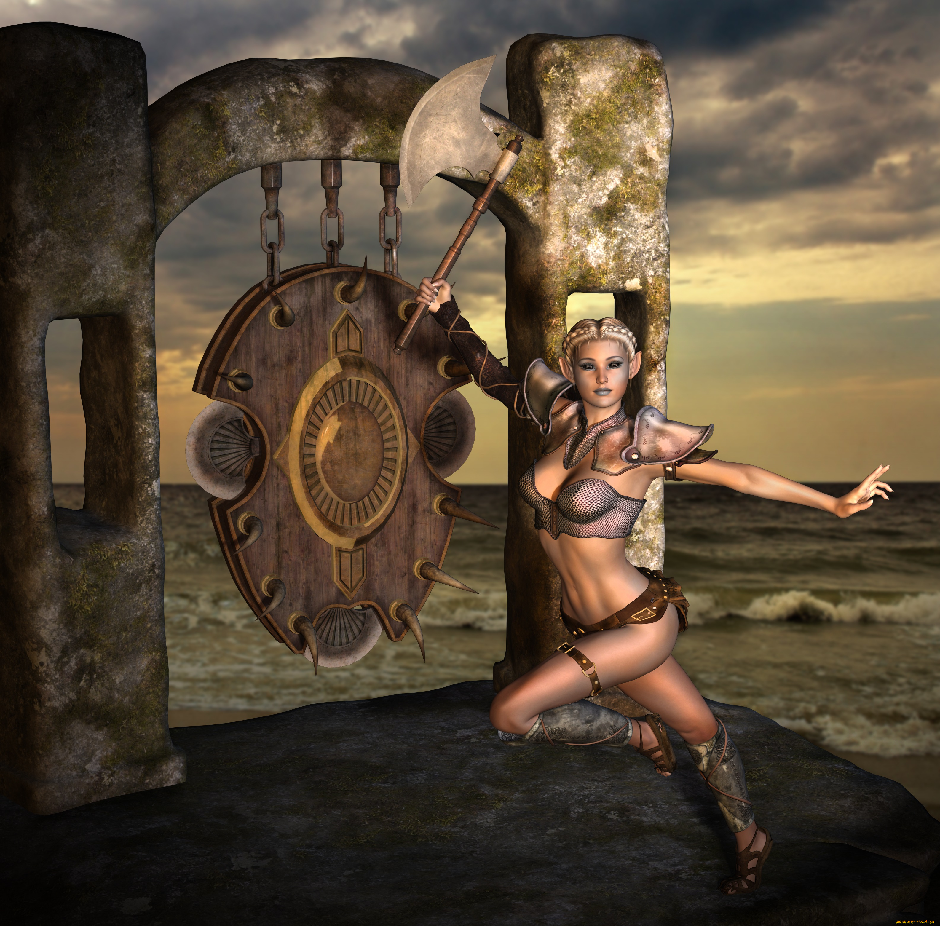 3д, графика, fantasy, фантазия, девушка, взгляд, эльфийка, гонг, сякира