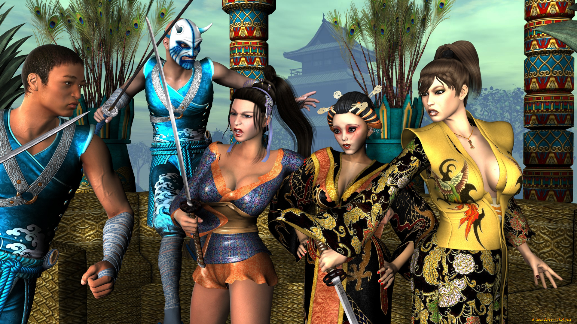 3д, графика, амазонки, , amazon, мужчины, девушки, оружие, растение, дома