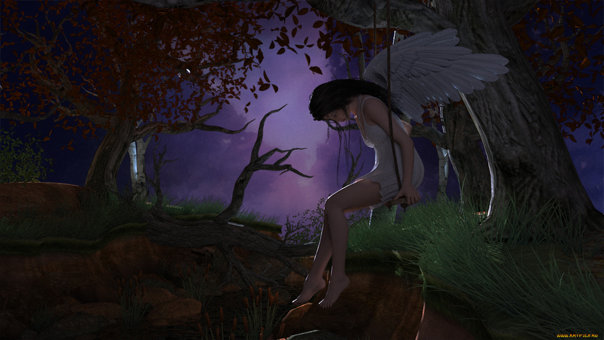 3д, графика, ангел, , angel, девушка, ангел, деревья, качели, ночь