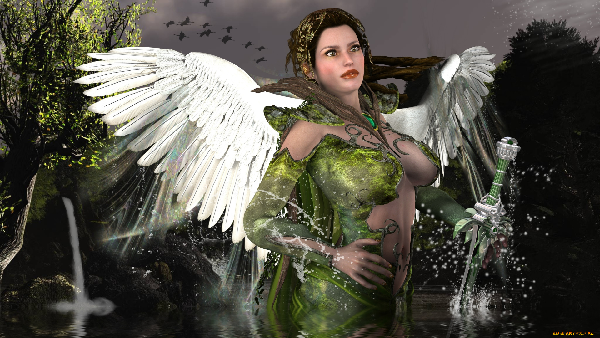 3д, графика, ангел, , angel, девушка, взгляд, фон, меч, природа