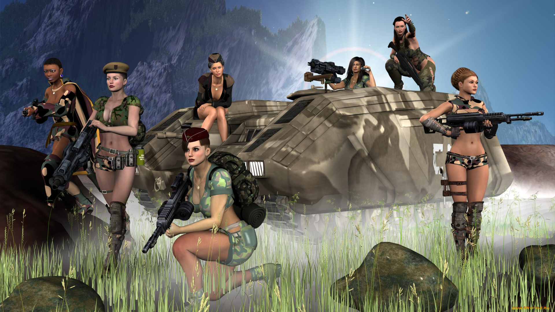 3д, графика, армия, , military, девушки, взгляд, оружие, горы, трава, камни