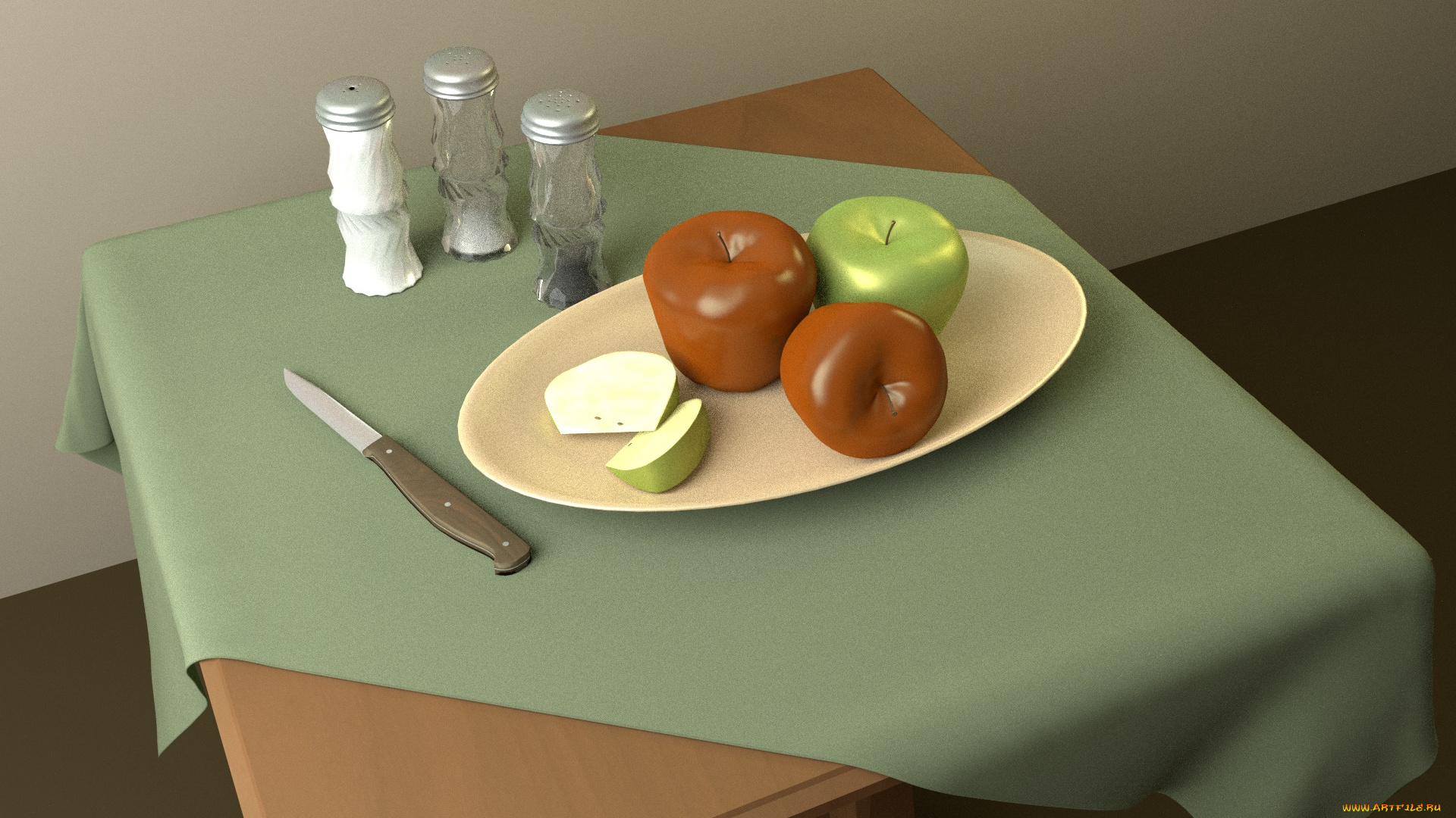 3д, графика, другое, , other, стол, скатерть, тарелка, нож, яблока, фон, приправы