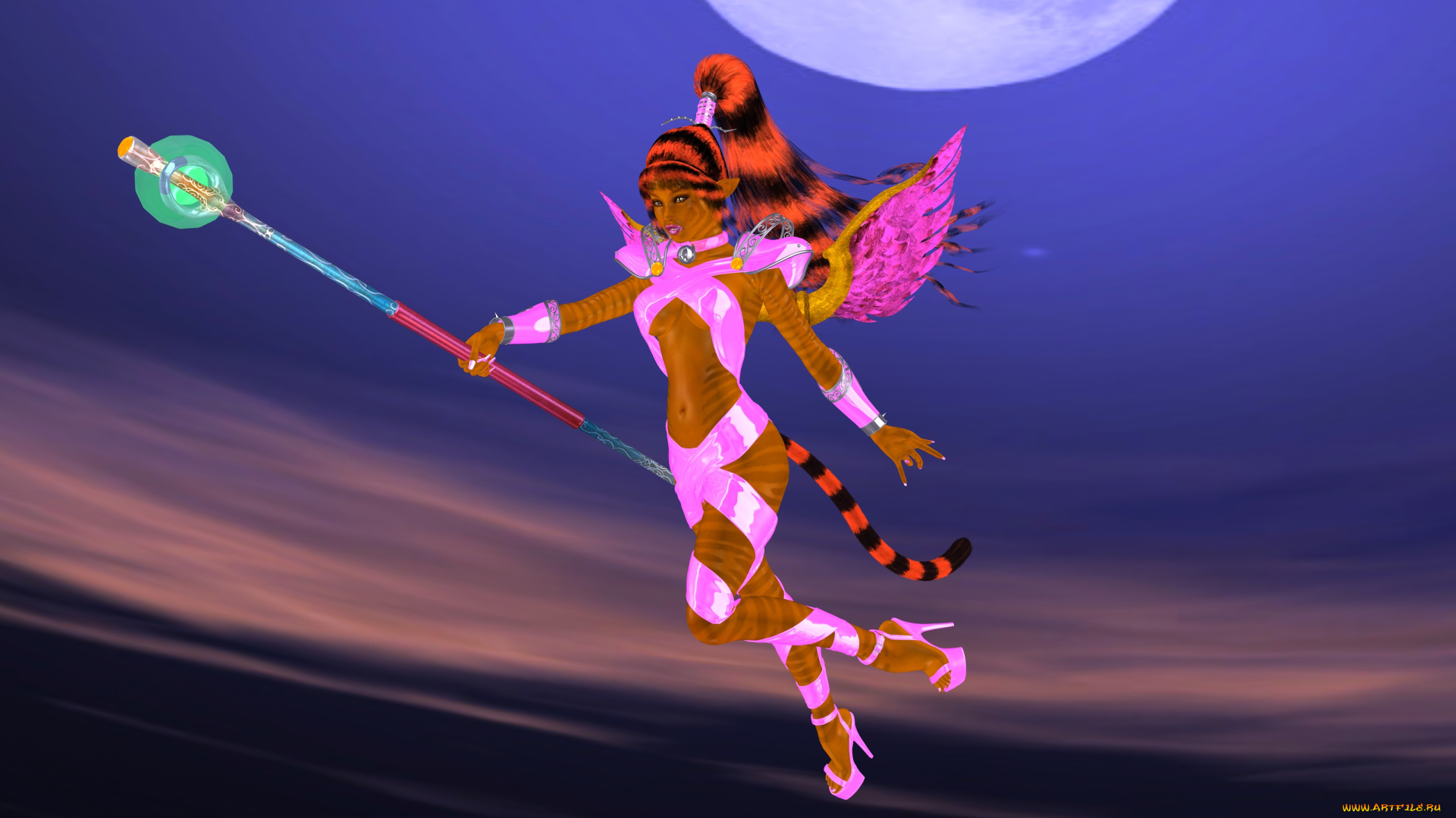 3д, графика, эльфы, , elves, эльфийка, шест, луна, полет, цвета