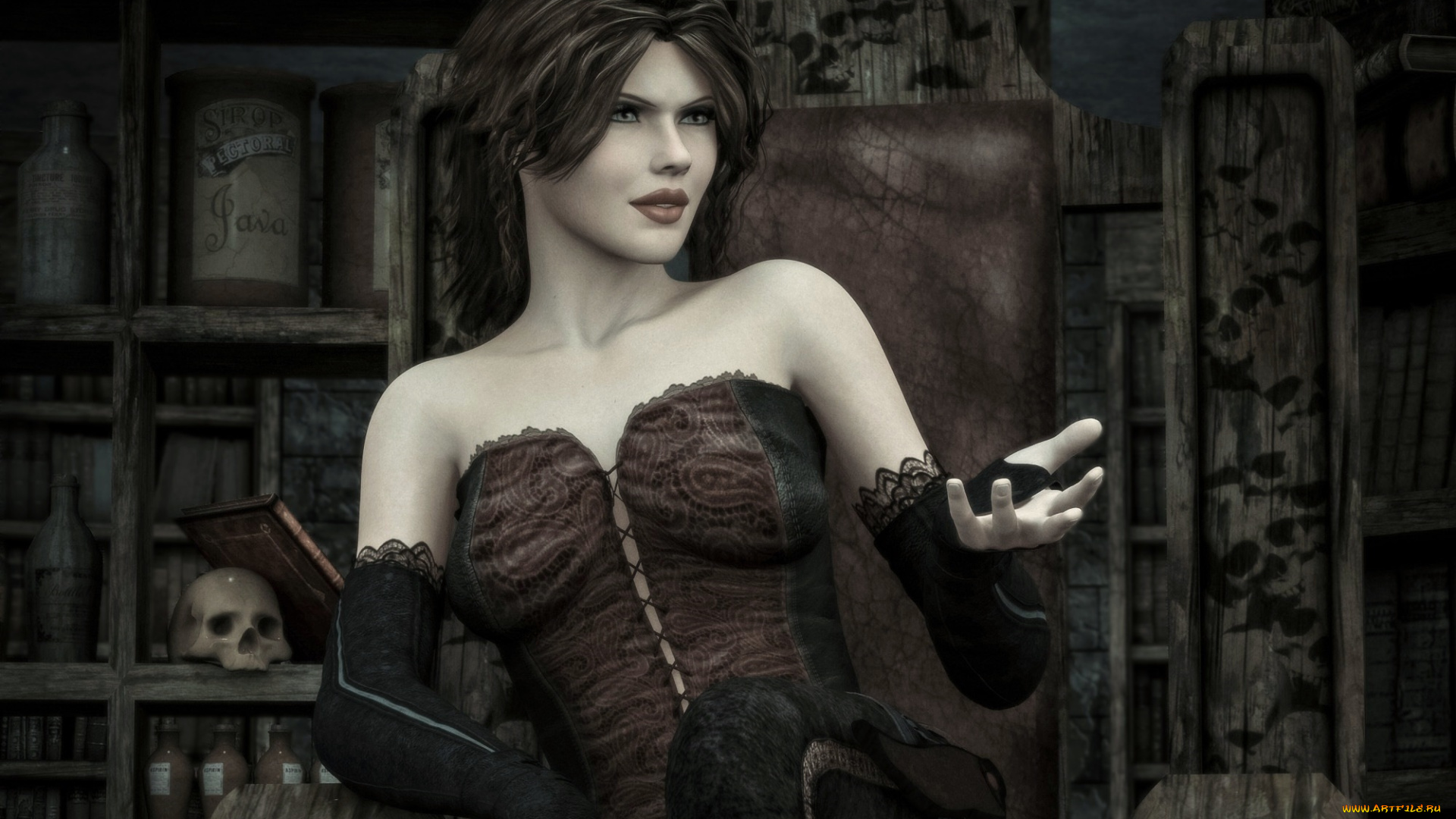 3д, графика, фантазия, , fantasy, череп, фон, взгляд, девушка