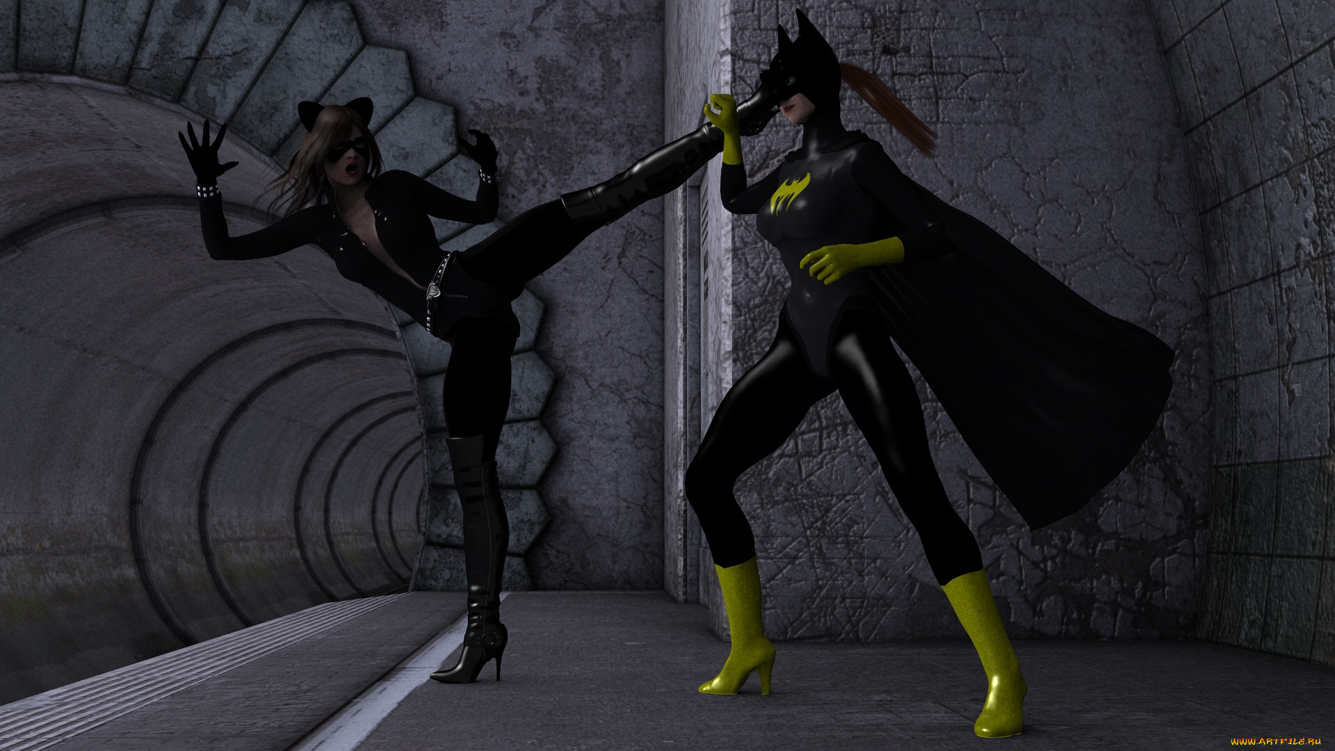 3д, графика, фантазия, , fantasy, супермен, драка, девушки, тонель, ночь