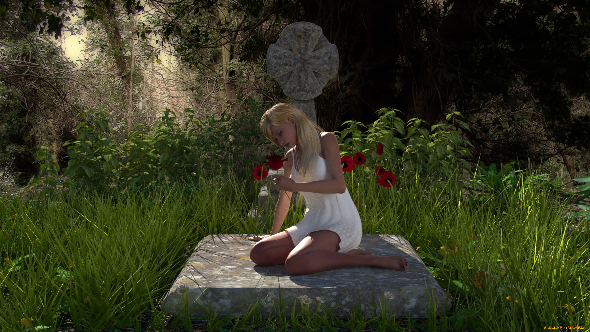 3д, графика, люди, , people, девушка, взгляд, платье, камень, трава, лето