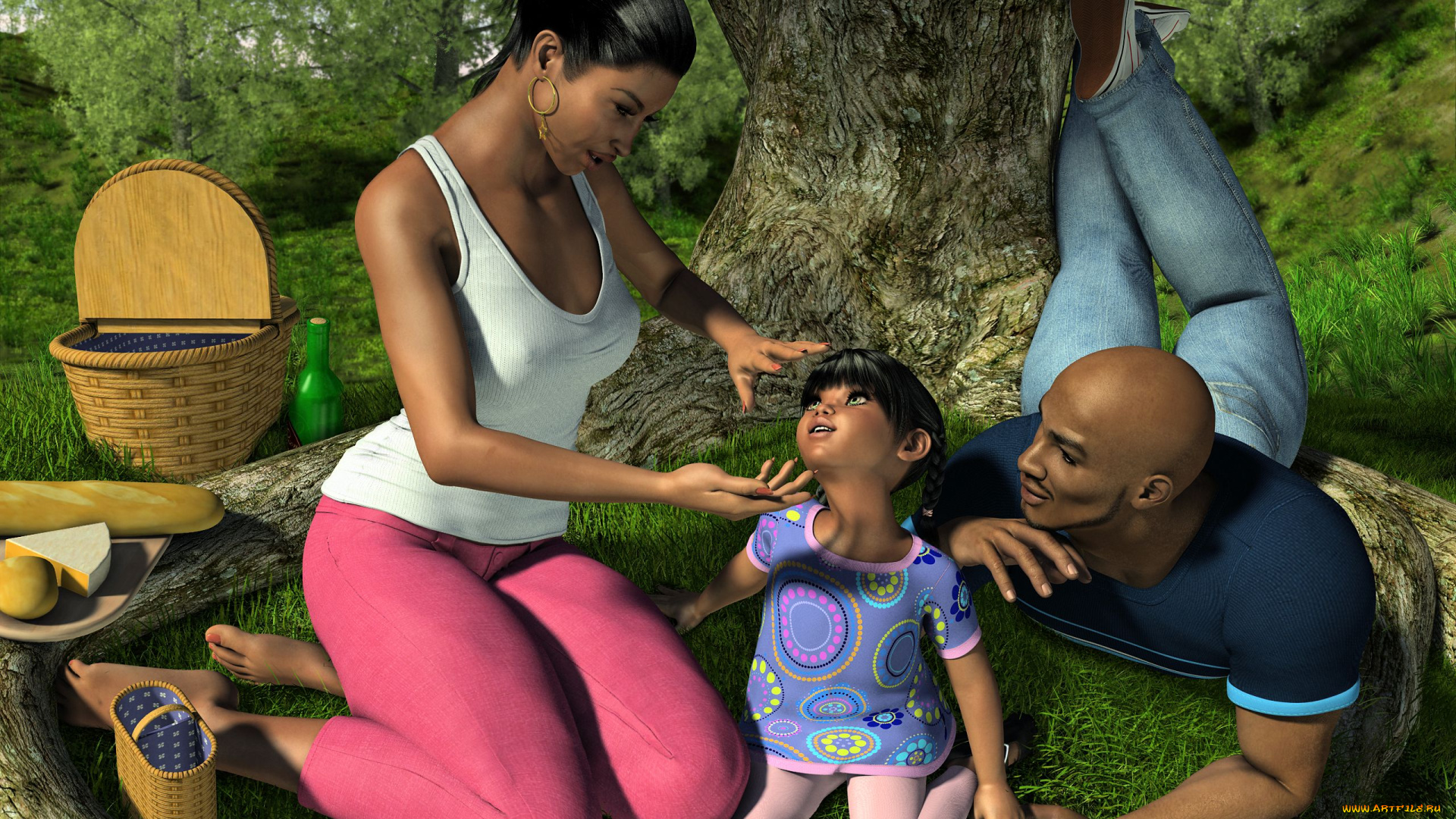 3д, графика, люди, , people, мужчина, девушка, ребенок, улыбки, дерево, корзинки, отдых, семья, лето, трава