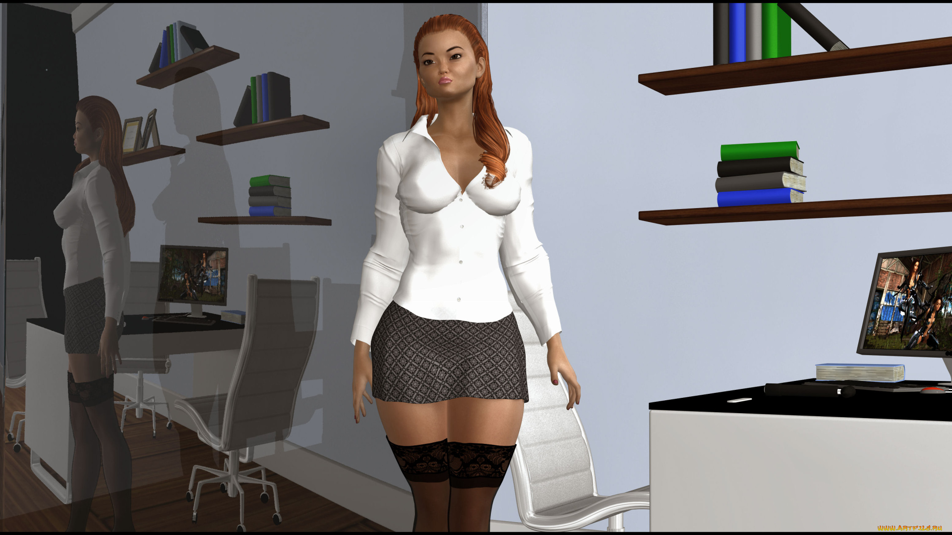 3д, графика, люди, , people, полки, книги, офис, стол, зеркало, девушка, взгляд, рыжая
