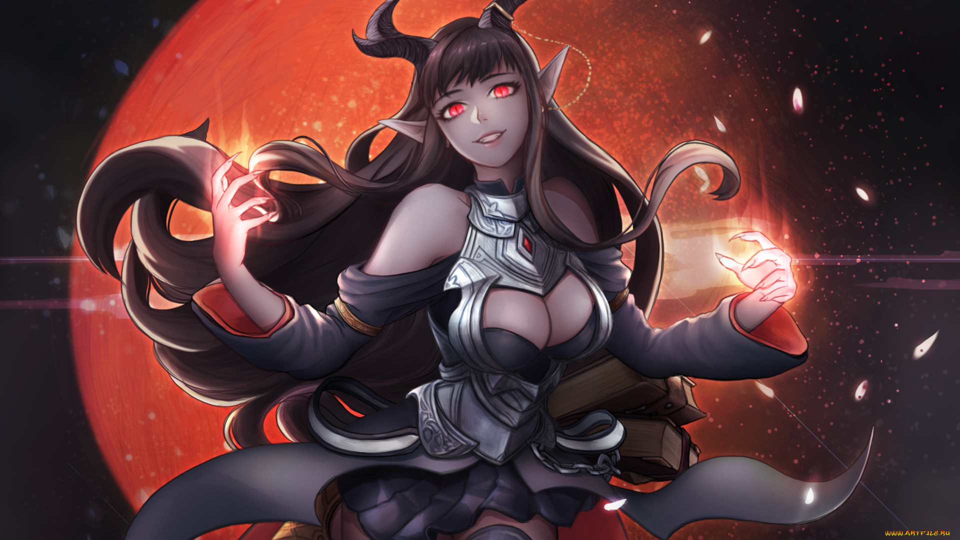 аниме, -angels, &, demons, красные, tasselcat, взгляд, магия, луна, девушка, рога, демон, глаза