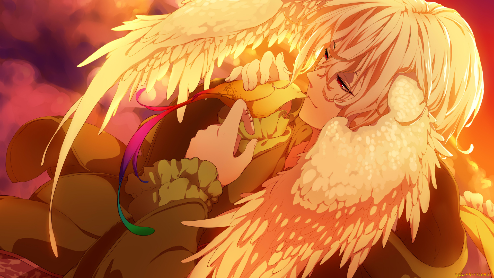 аниме, -animals, &, creatures, красные, глаза, крылья, птица, парень