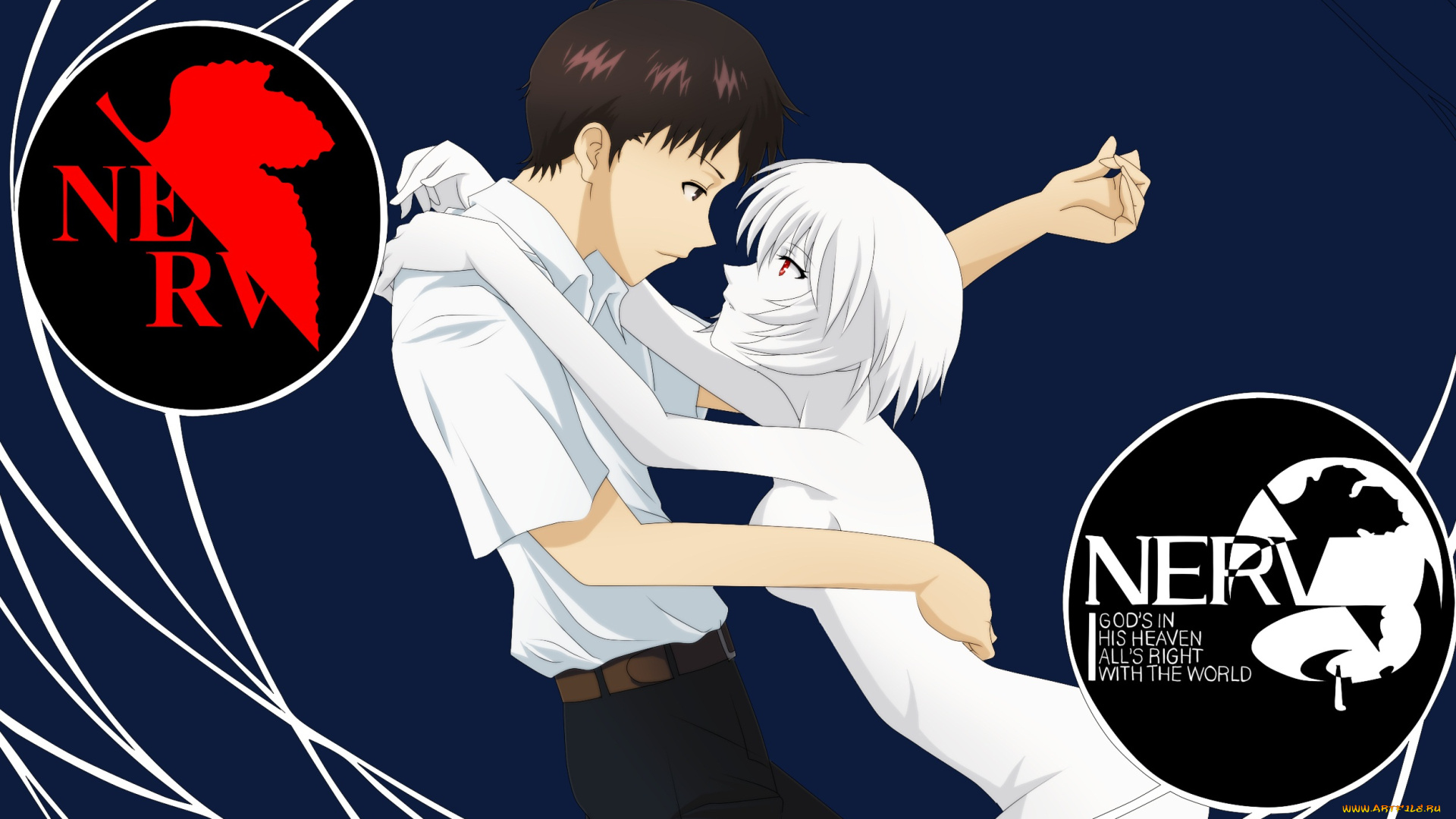 аниме, evangelion, genesis, neon, фон, объятия, девушка, парень