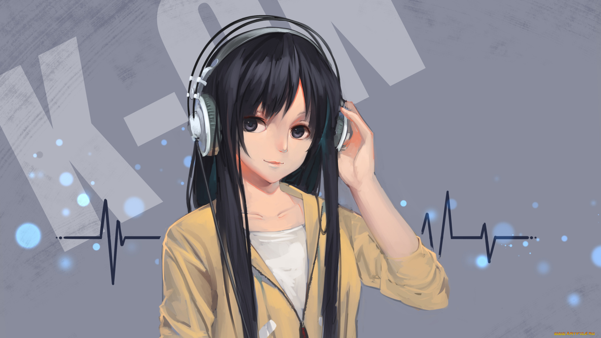 аниме, k-on, akiyama, mio, erkelee, арт, девушка, наушники, брюнетка