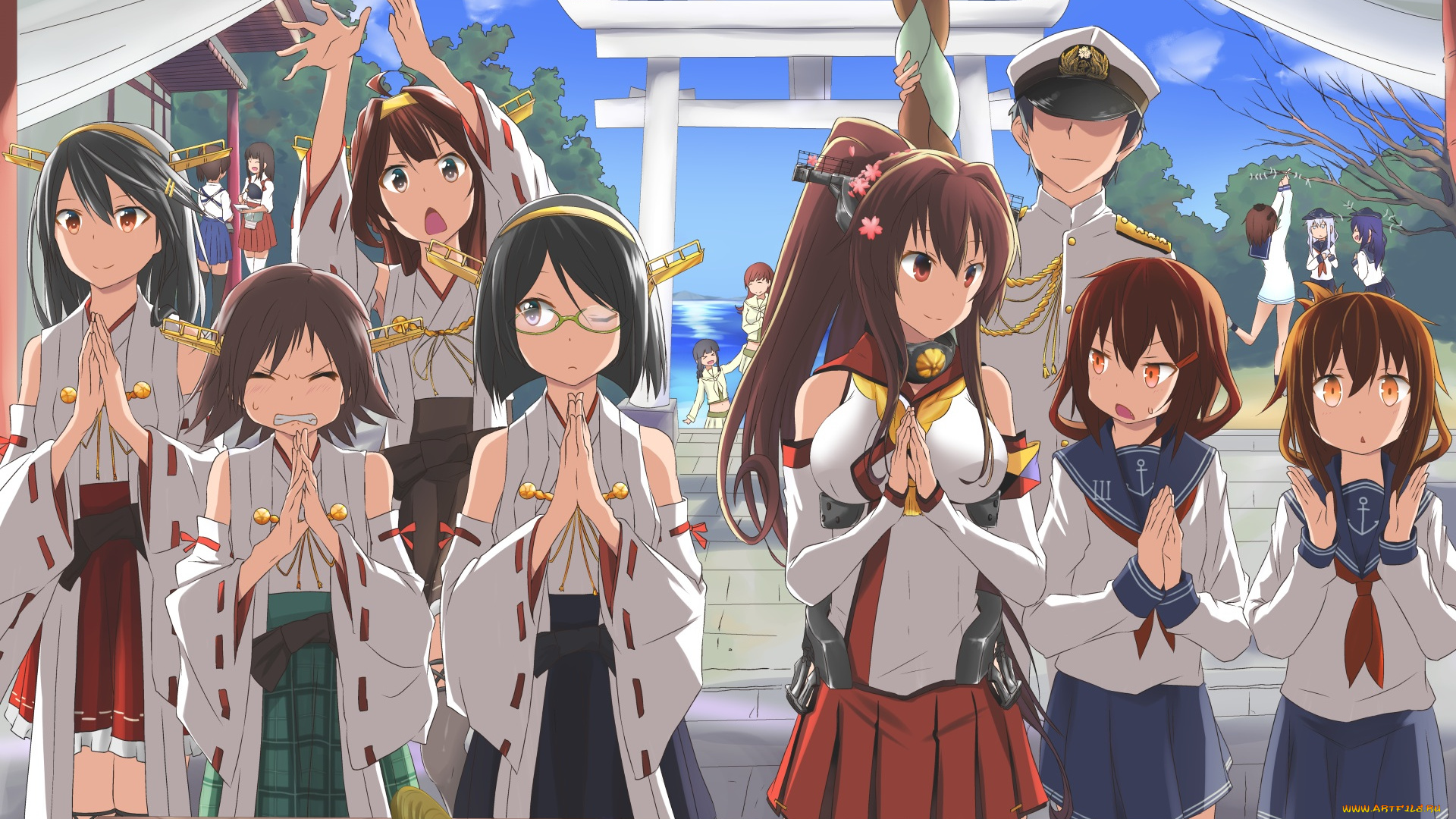 аниме, kantai, collection, арт, kantai, collection, парень, девушки, небо, море, монета